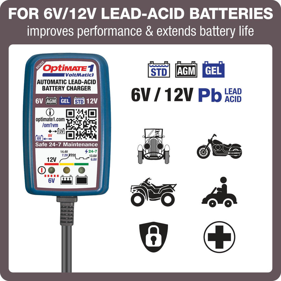 Optimate 1 VoltMATIC, TM-401a, Bronze Series Tecmate: 4-Step 6V / 12V (0.6A), Battery Charger & maintainer,Blue