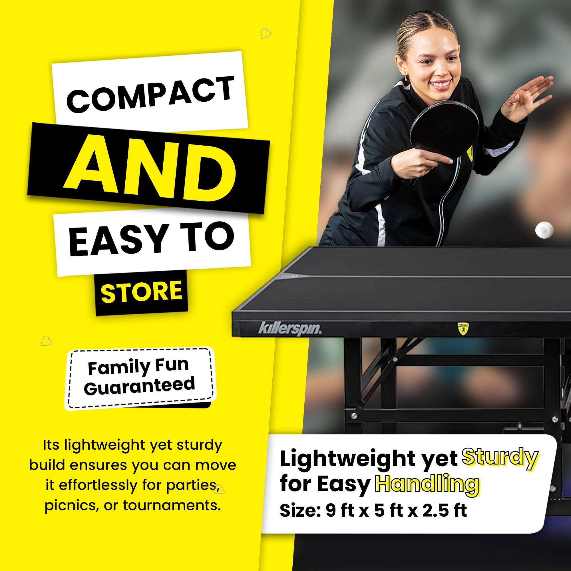 Ping Pong Table Killerspin MyT 415X Mega, Foldable Table for Table Tennis, Portable Ping Pong Table Set with Built-in Paddle and Ball Storage, 25mm MDF Board Pingpongball Table, Jet Black Color