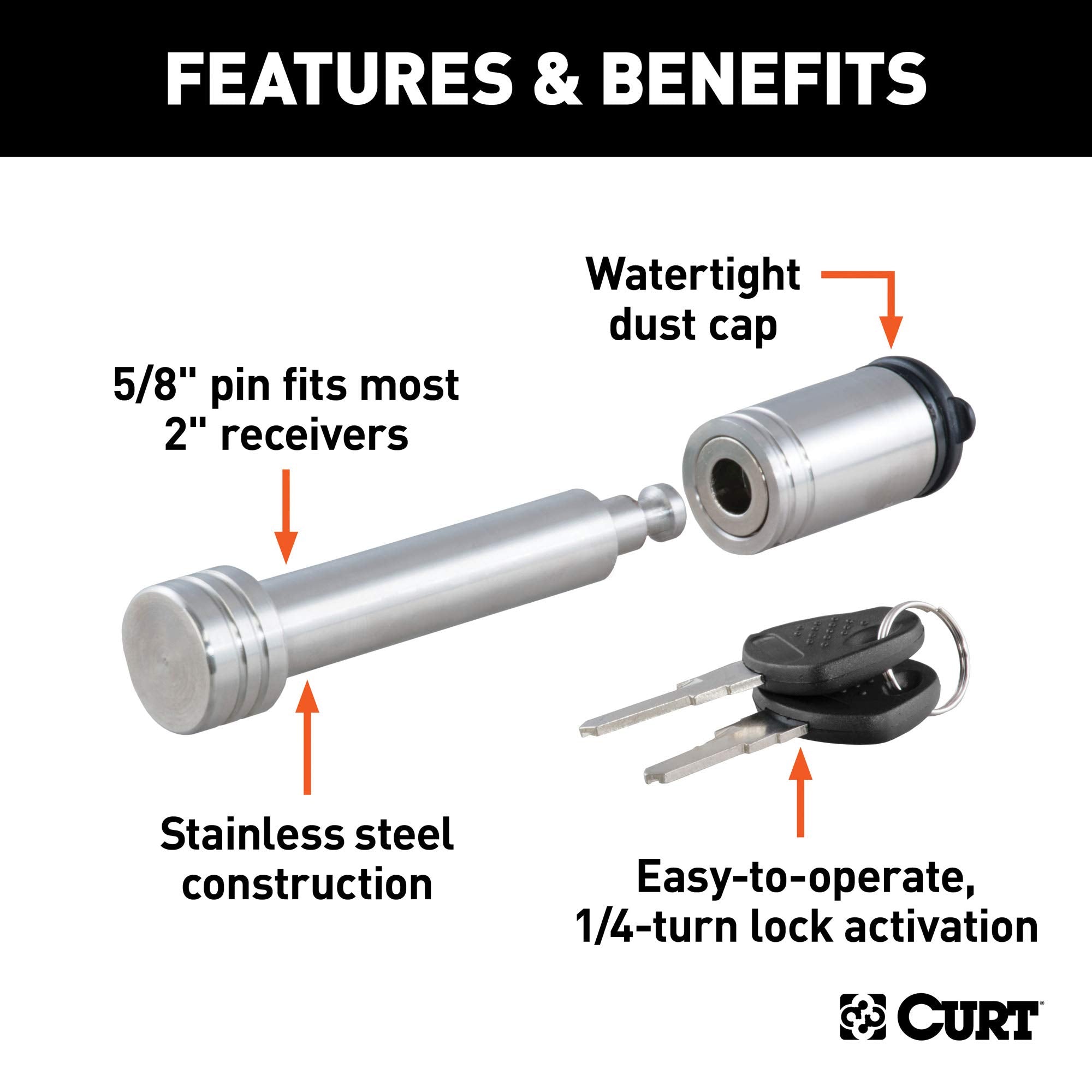 CURT Stainless Steel Trailer Hitch Lock 23516, 5/8-Inch Pin Diameter, Fits 2-Inch Receiver