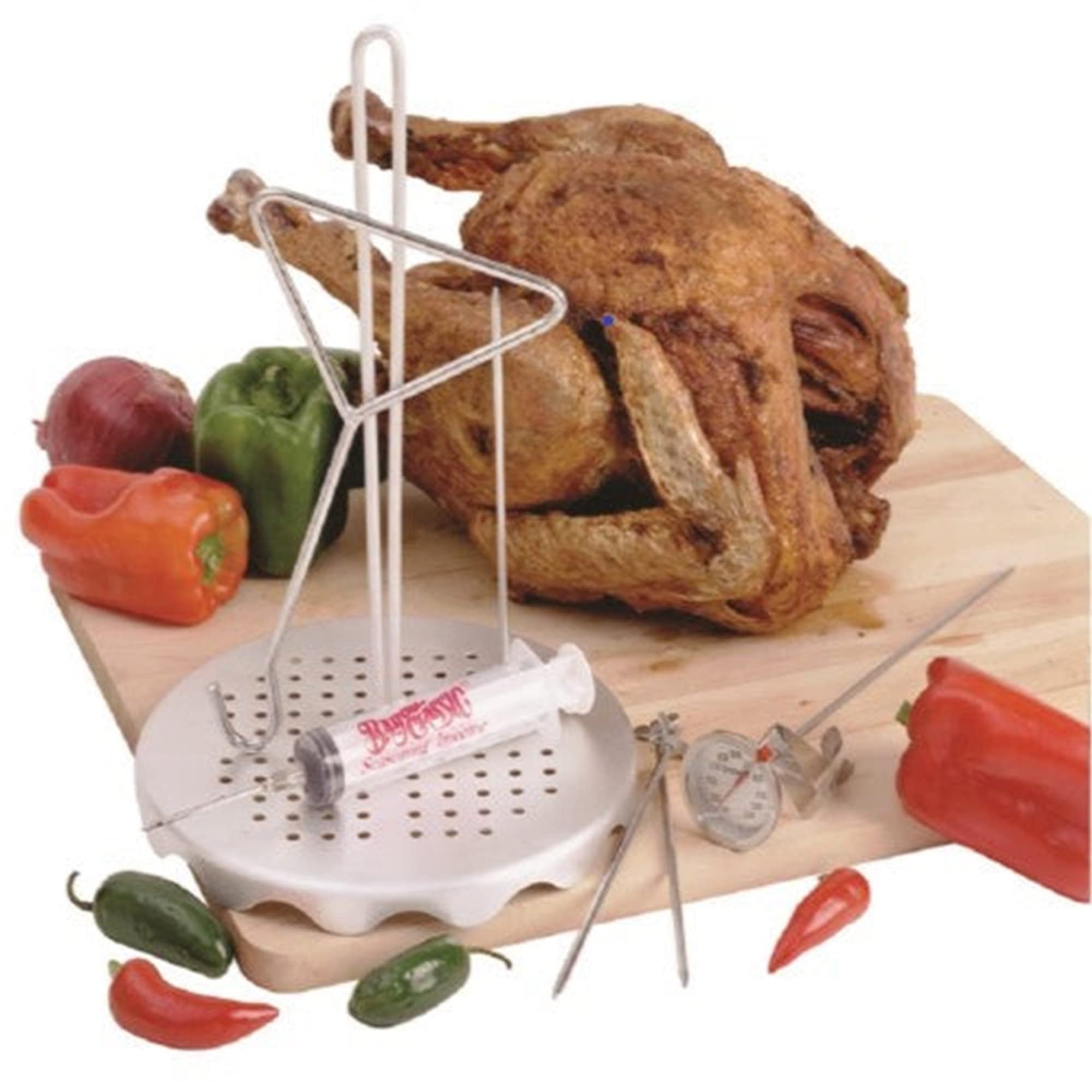 Complete Bayou Classic 0835 Poultry Rack Set Includes Perforated Aluminum Rack Lift Hook 2-oz Seasoning Injector 12-in Fry Thermometer and 3 Detachable Skewers
