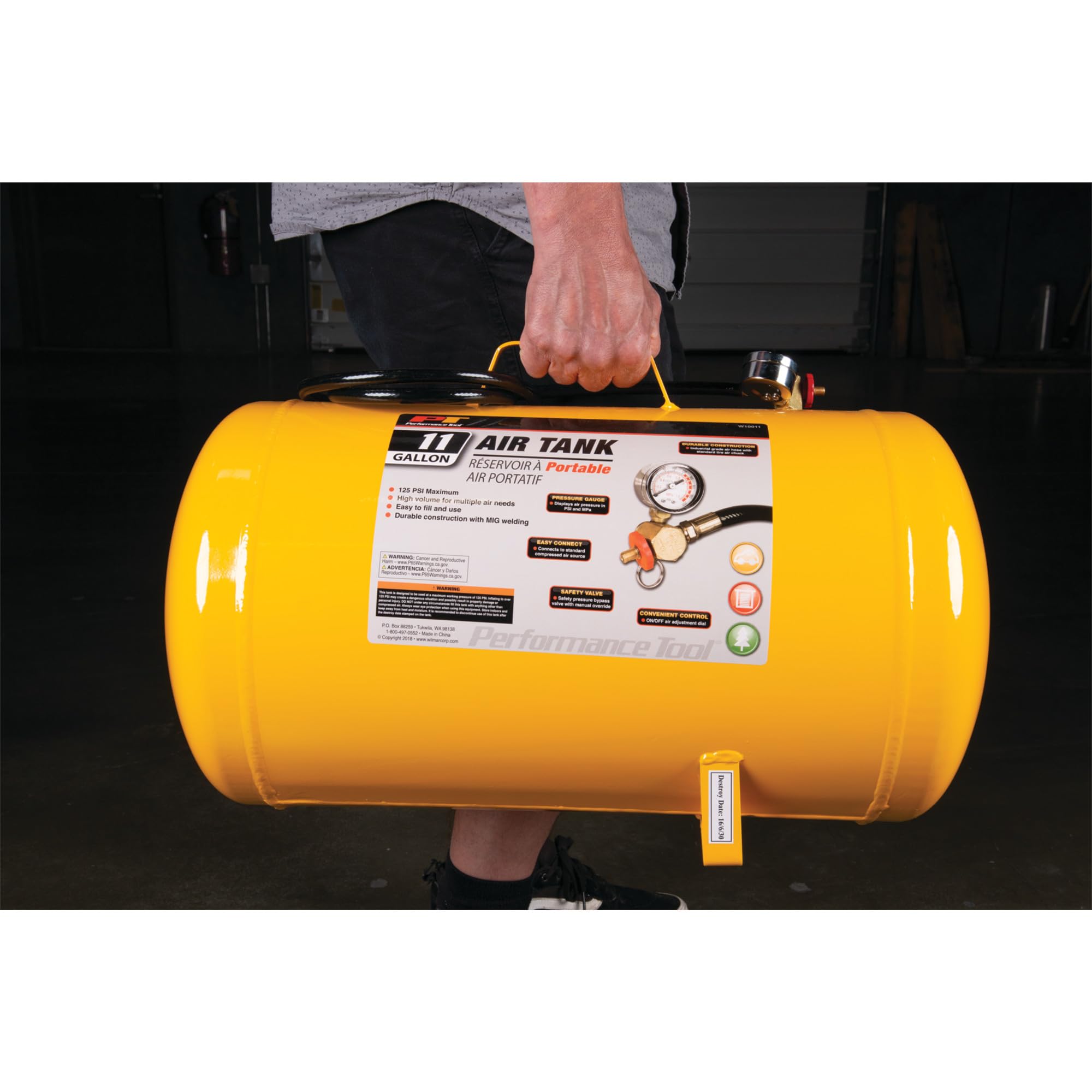 Hi-viz Performance Tool W10011 11-Gallon Horizontal Portable Air Tank With Tire Air Chuck, Yellow