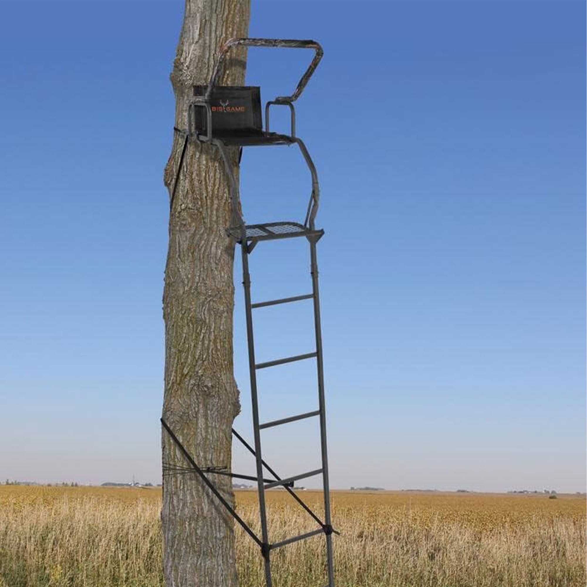 1-Person BIG GAME Ladder Tree Stand for Hunting Deer, Flex-Tek Seat, 17' Tall, Black - Adjustable Climbing Treestand with Platform and Safety Harness for Shooting