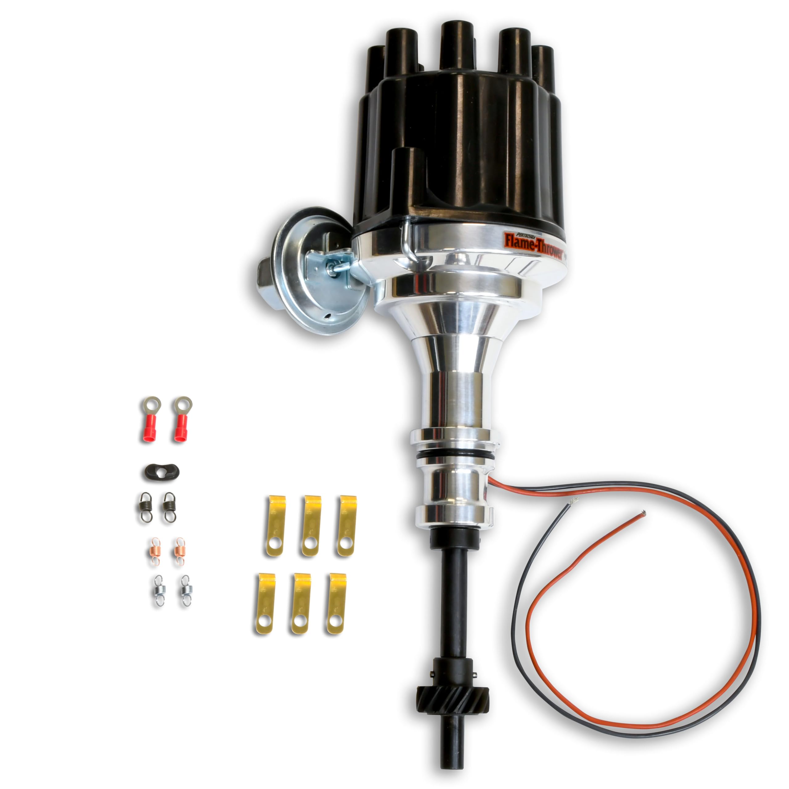 FLAME-THROWER PERTRONIX BILLET DISTRIBUTOR WITH IGNITOR II ELECTRONICS FOR FORD Y-BLOCK ENGINES VACUUM ADVANCE WITH BLACK FEMALE STYLE CAP