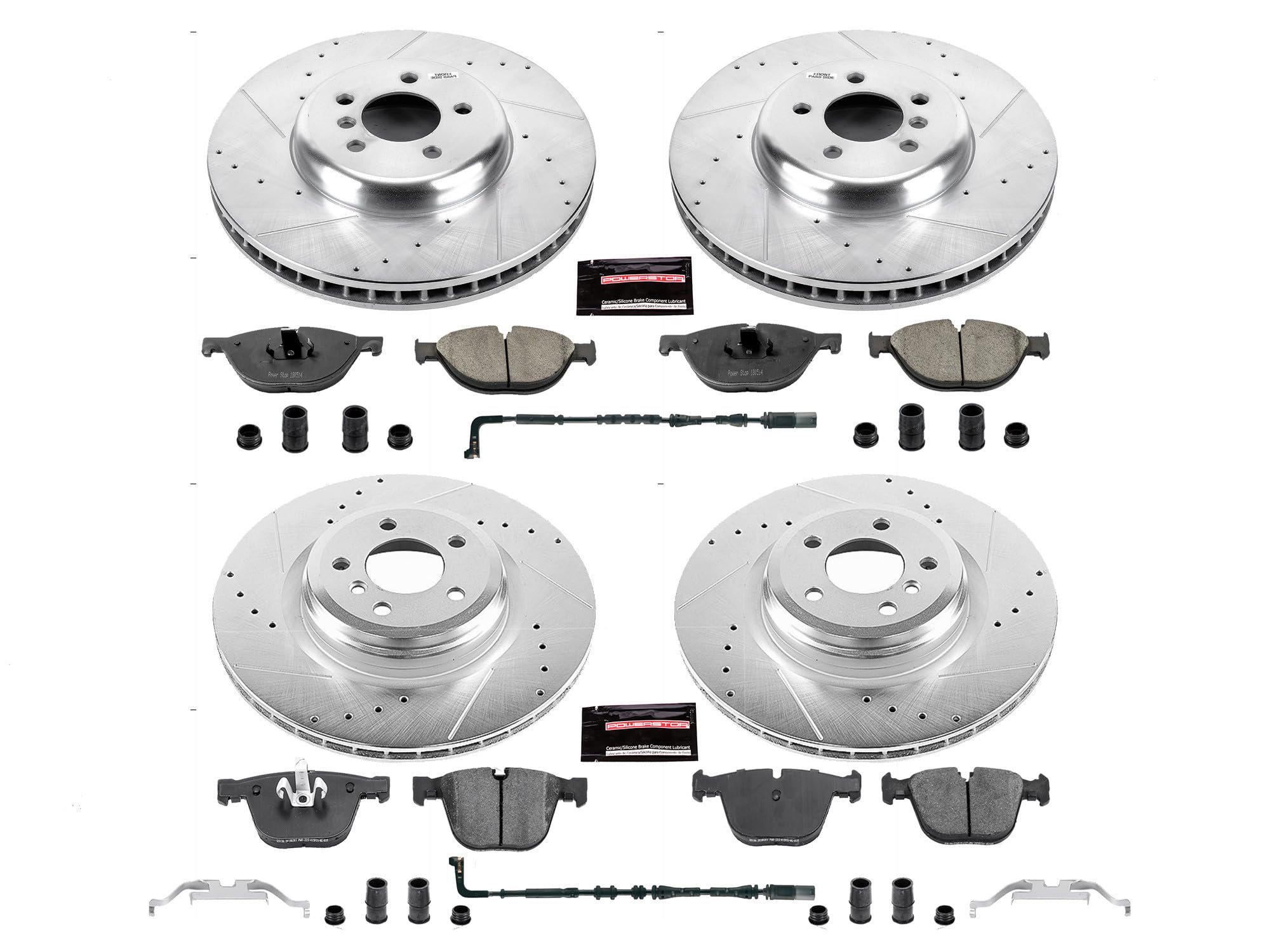Power Stop K6013 Z23 Daily Driver Front and Rear Carbon-Fiber Ceramic Brake Pads and Drilled and Slotted Rotors Kit and 1 Front & 1 Rear Sensor Wires