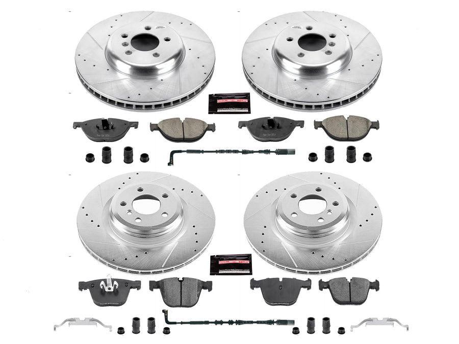 Power Stop K6013 Z23 Daily Driver Front and Rear Carbon-Fiber Ceramic Brake Pads and Drilled and Slotted Rotors Kit and 1 Front & 1 Rear Sensor Wires