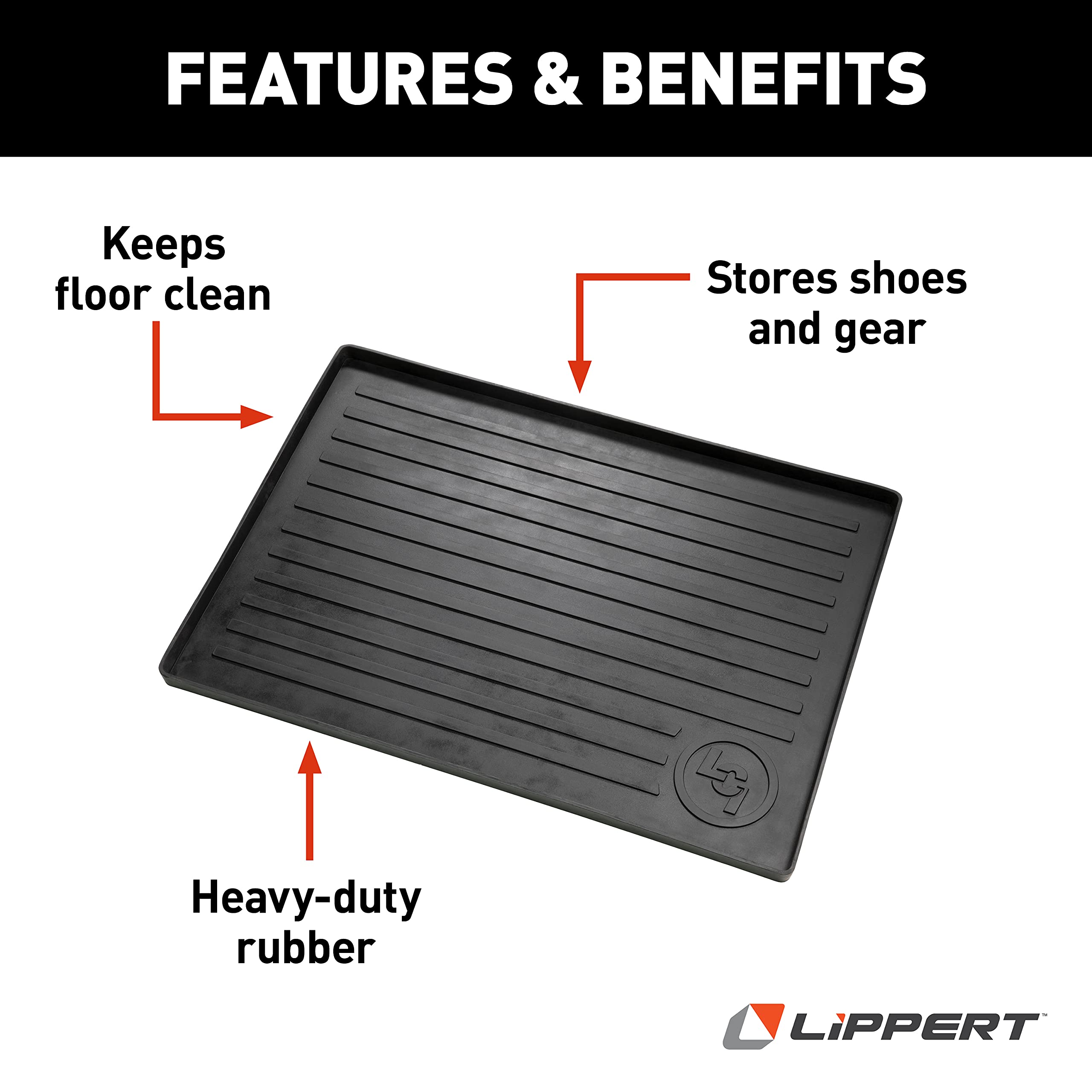 Lippert All-Weather Solid Step Entry Floor Tray, 28-1/4" W x 20" D, Heavy-Duty Recycled Rubber Mat for Indoor or Outdoor Door Entryway, for Shoes, Pet Dishes - 801380