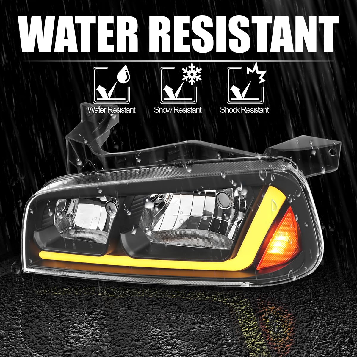 Black SPEC-D TUNING Headlights w/Fiber Optic LED Strip and Turn Signal Light Compatible with 2006-2010 Dodge Charger 4Dr Sedan, Left + Right Pair Headlamp Assembly