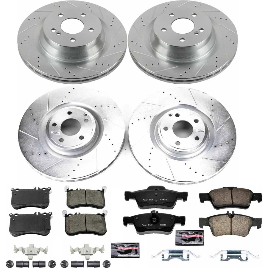 Power Stop K6885 Z23 Carbon Fiber Brake Pads Front and Rear with Drilled & Slotted Brake Rotors Kit and 1 Front & 1 Rear Sensor Wires For Mercedes-Benz CLS550 2012-2018 [Model Specific]