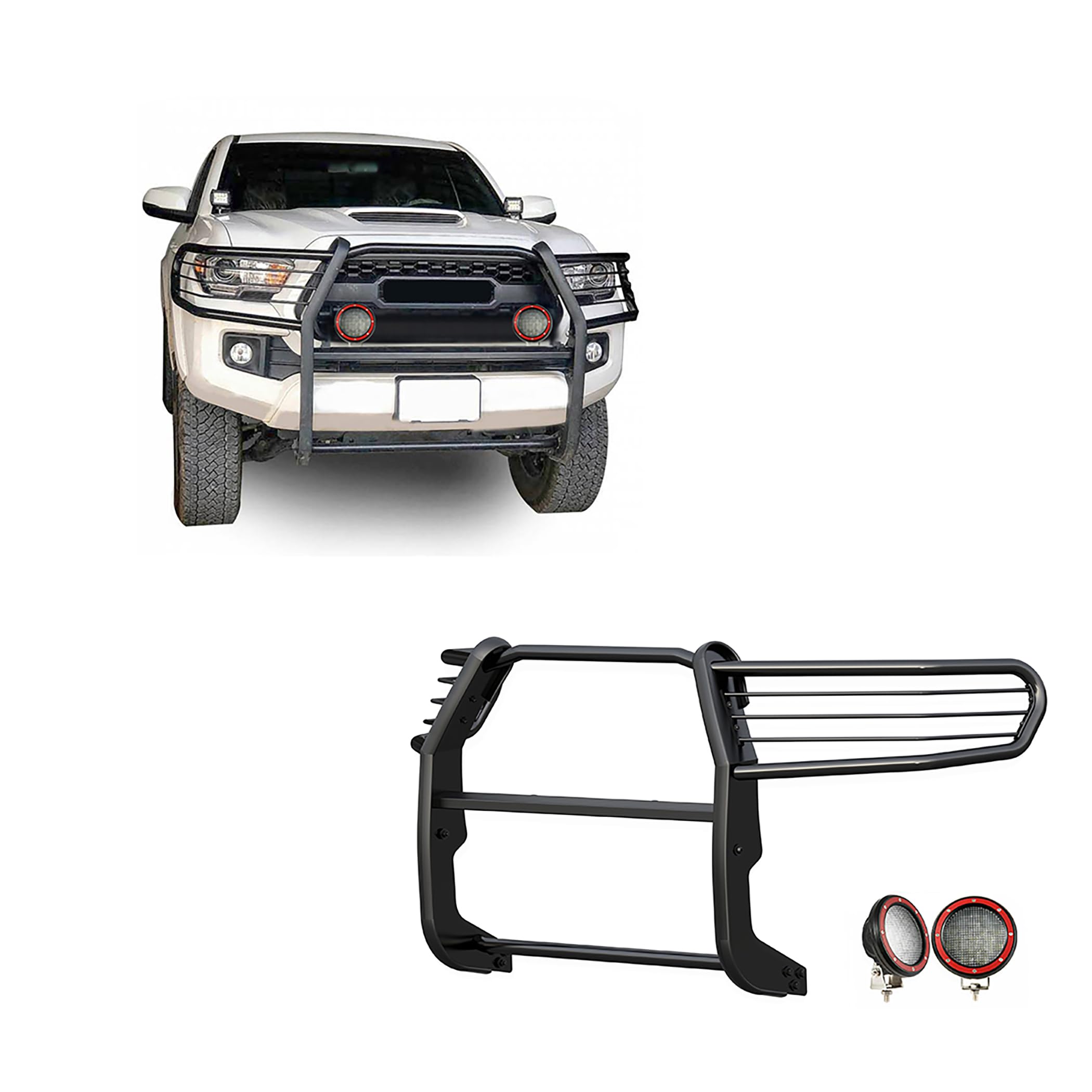 Black Horse Grille Brush Bumper Guard Black Modular Come with Pair of 5.3" Dia.LED Lights with Red Trim Rings Compatible with 2016-2023 Toyota Tacoma-17A096402MA-PLFR