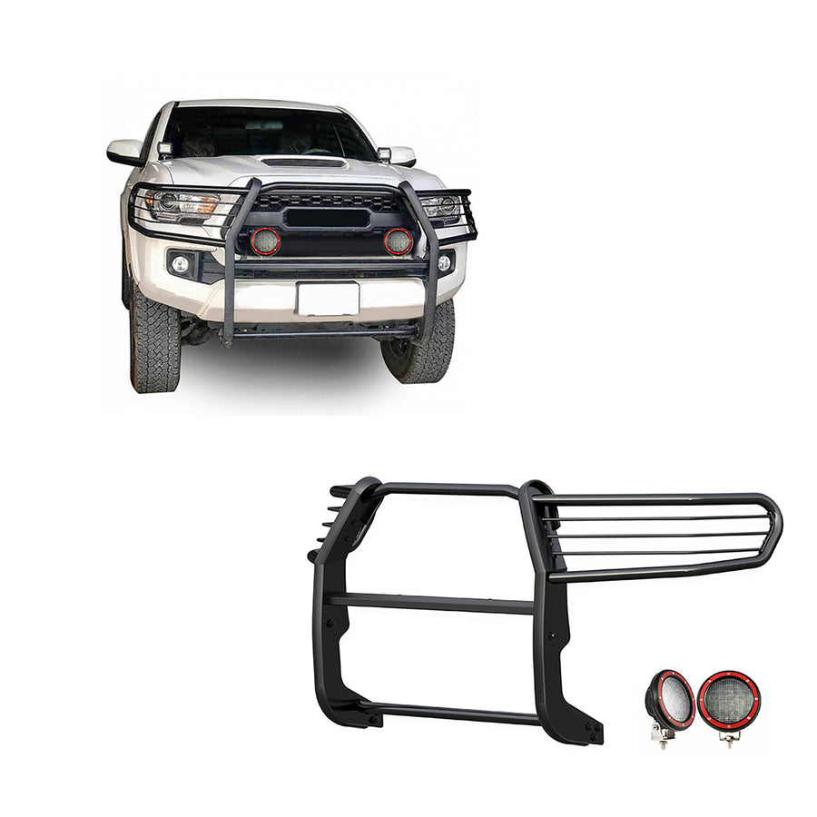 Black Horse Grille Brush Bumper Guard Black Modular Come with Pair of 5.3" Dia.LED Lights with Red Trim Rings Compatible with 2016-2023 Toyota Tacoma-17A096402MA-PLFR