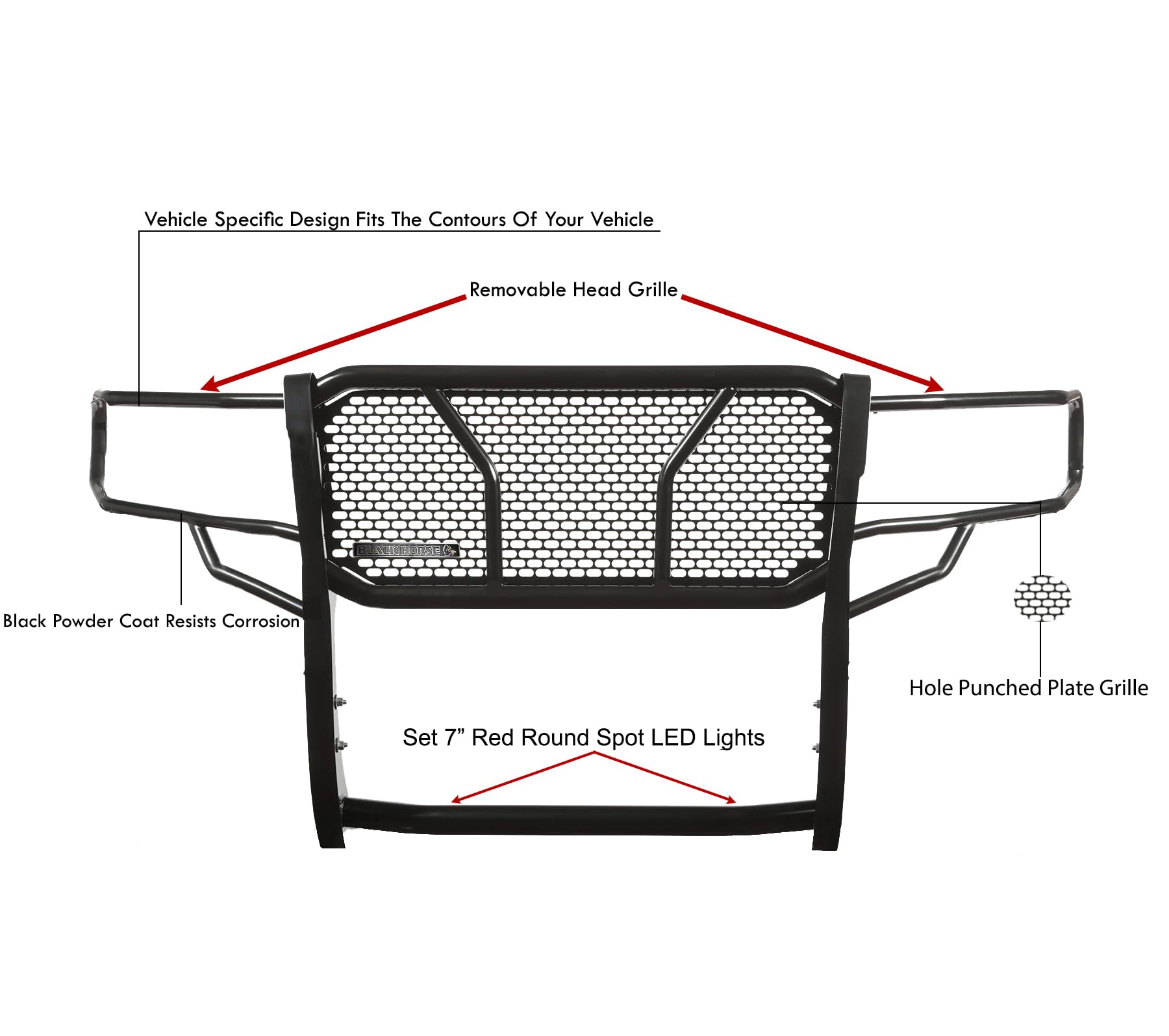 Heavy Duty Black Horse Rugged Grille Brush Bumper Guard Modular Black Come with Pair of 7.0" Dia.LED Lights with Red Trim Rings Compatible with 2019-2023 Ford Ranger-RU-FORA19-B-PLR