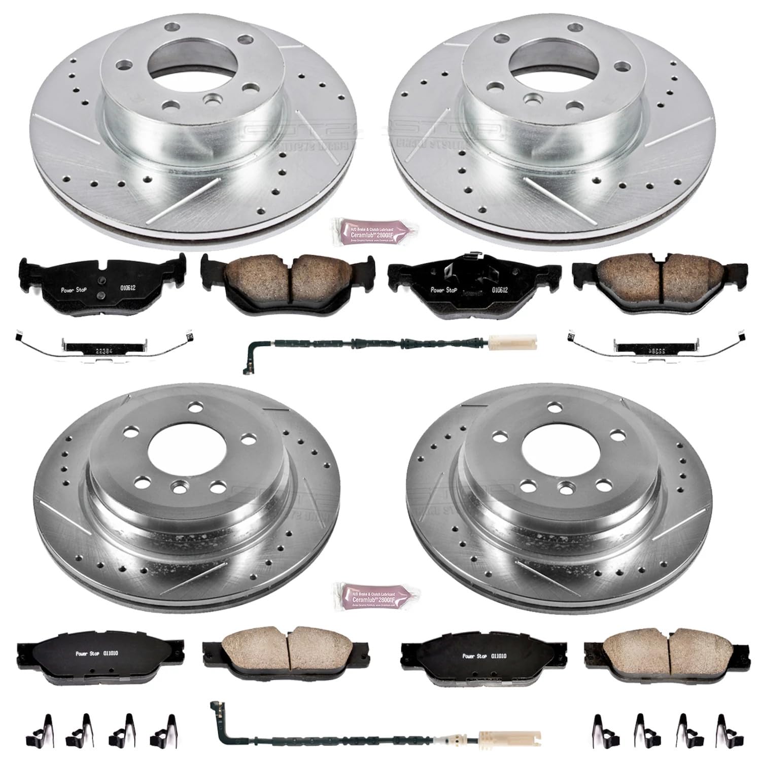 Power Stop K4103 Z23 Carbon Fiber Brake Pads Front and Rear with Drilled & Slotted Brake Rotors Kit and 1 Front & 1 Rear Sensor Wires For BMW 328i 2007, BMW 328xi 2007 [Model Specific]