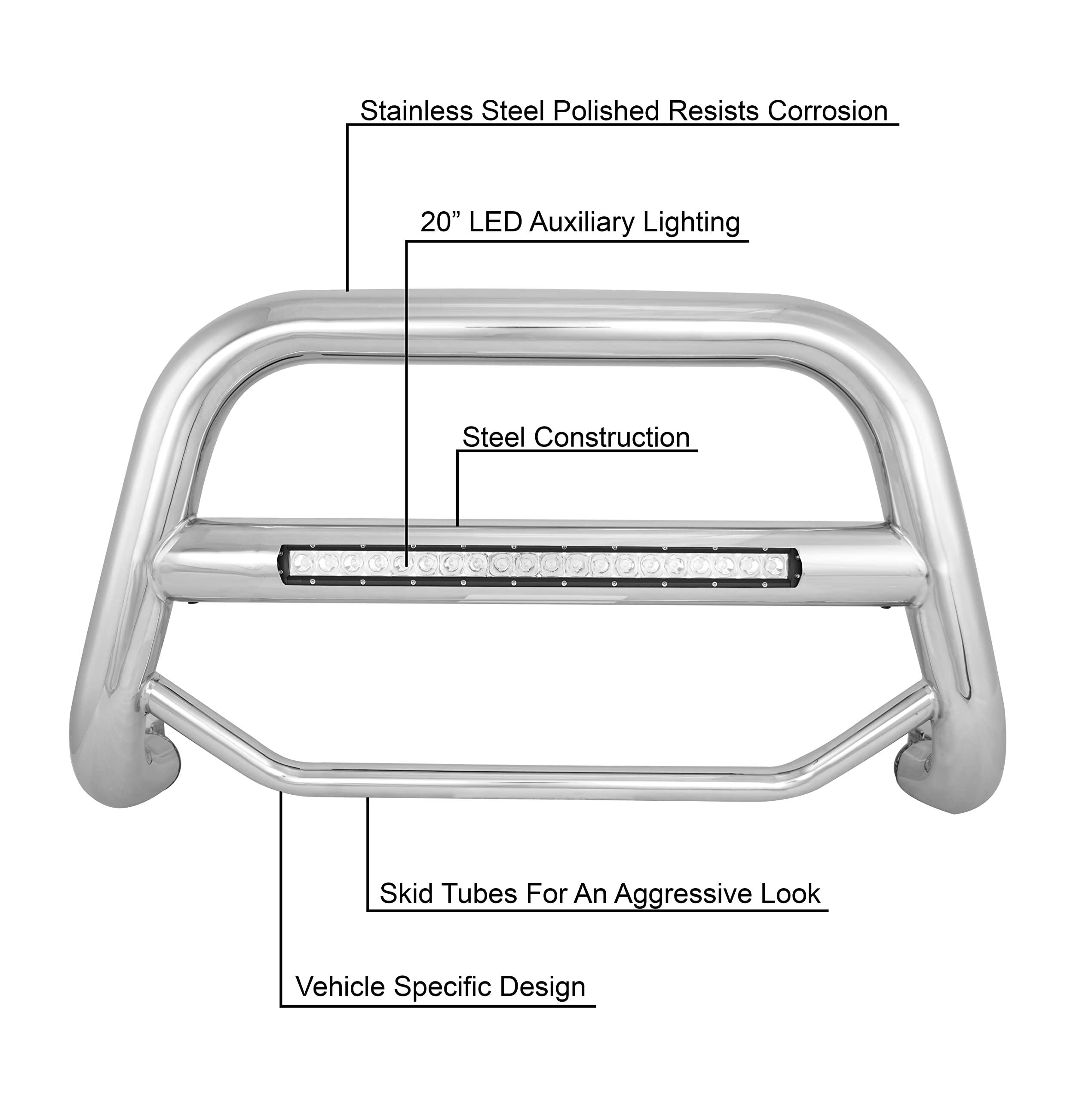 MAX Black Horse Beacon Bull Bar No Skid Plate Black Compatible with 2020-2023 Toyota Highlander-MAB-TOF5407B