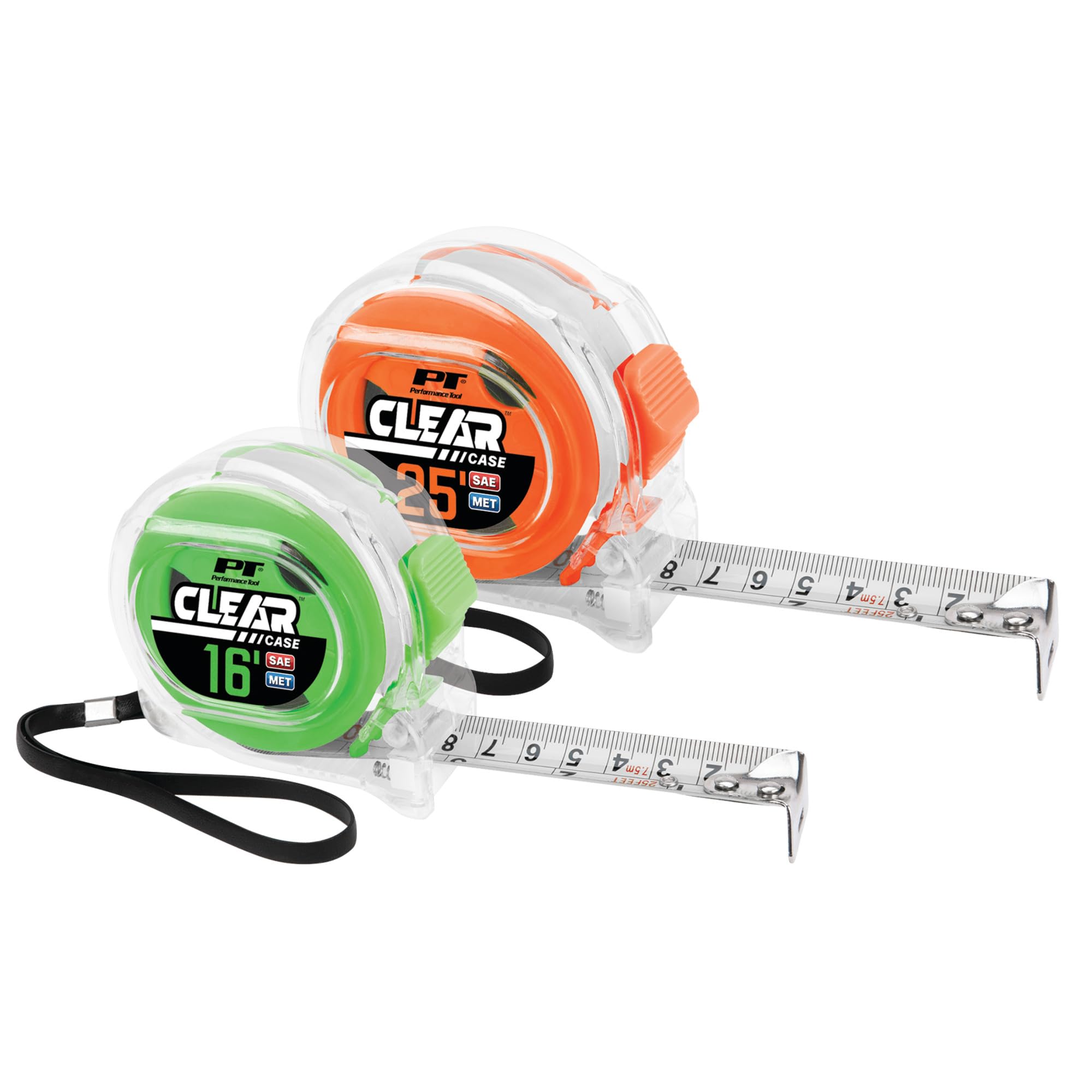 Clear Tape Measure Set Performance Tool W5038 - 16ft. x 3/4in. and 25ft. x 1in. (Pack of 2), Highly Accurate, Impact Resistant
