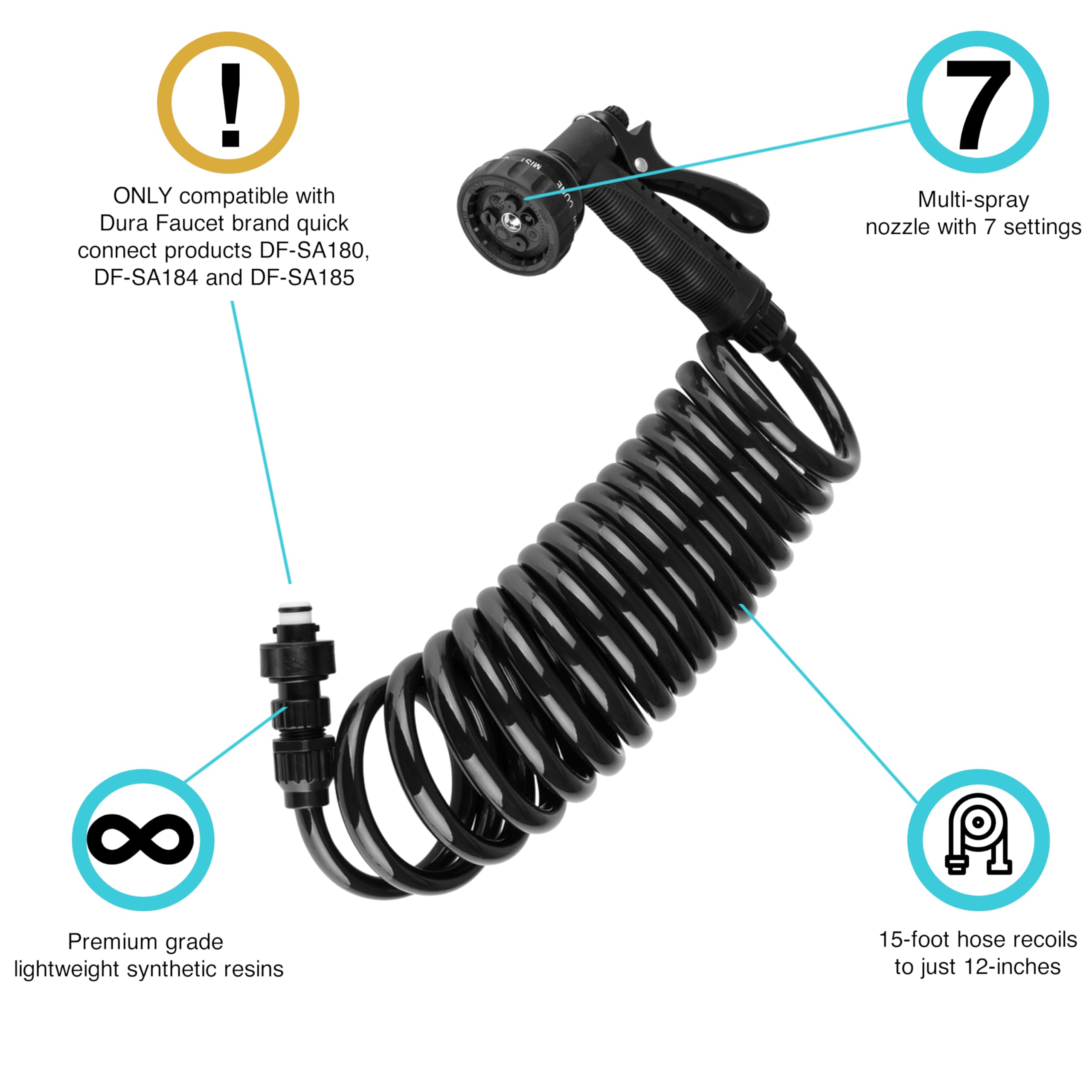 Dura Faucet RV Exterior Quick Connect DF-SA187-BK Sprayer with 7 Spray Settings and Coiled Hose Kit (Black)