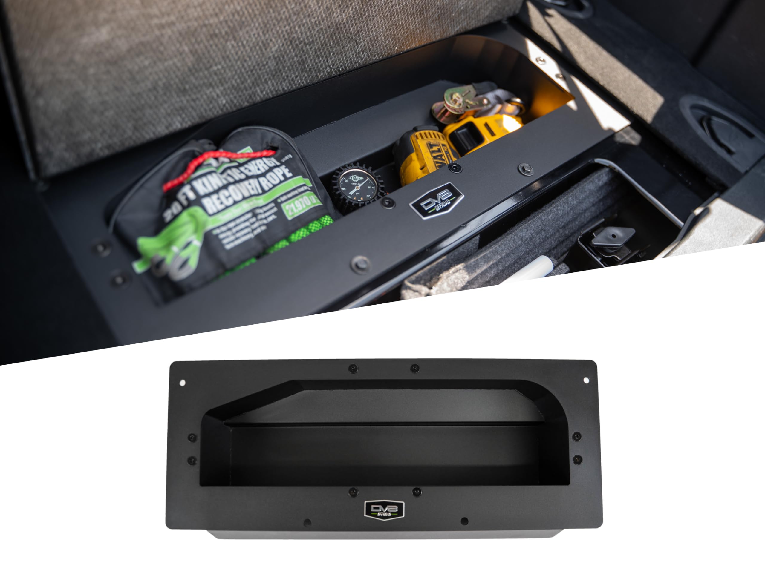 Storage Compartment DV8 for 2021-2025 Ford Bronco | Extra Thick Heat Shield | Enhances Storage Space | 54% More Volume than the OEM Box | Fully Bolt-On Installation | Steel | Black Powder Coat