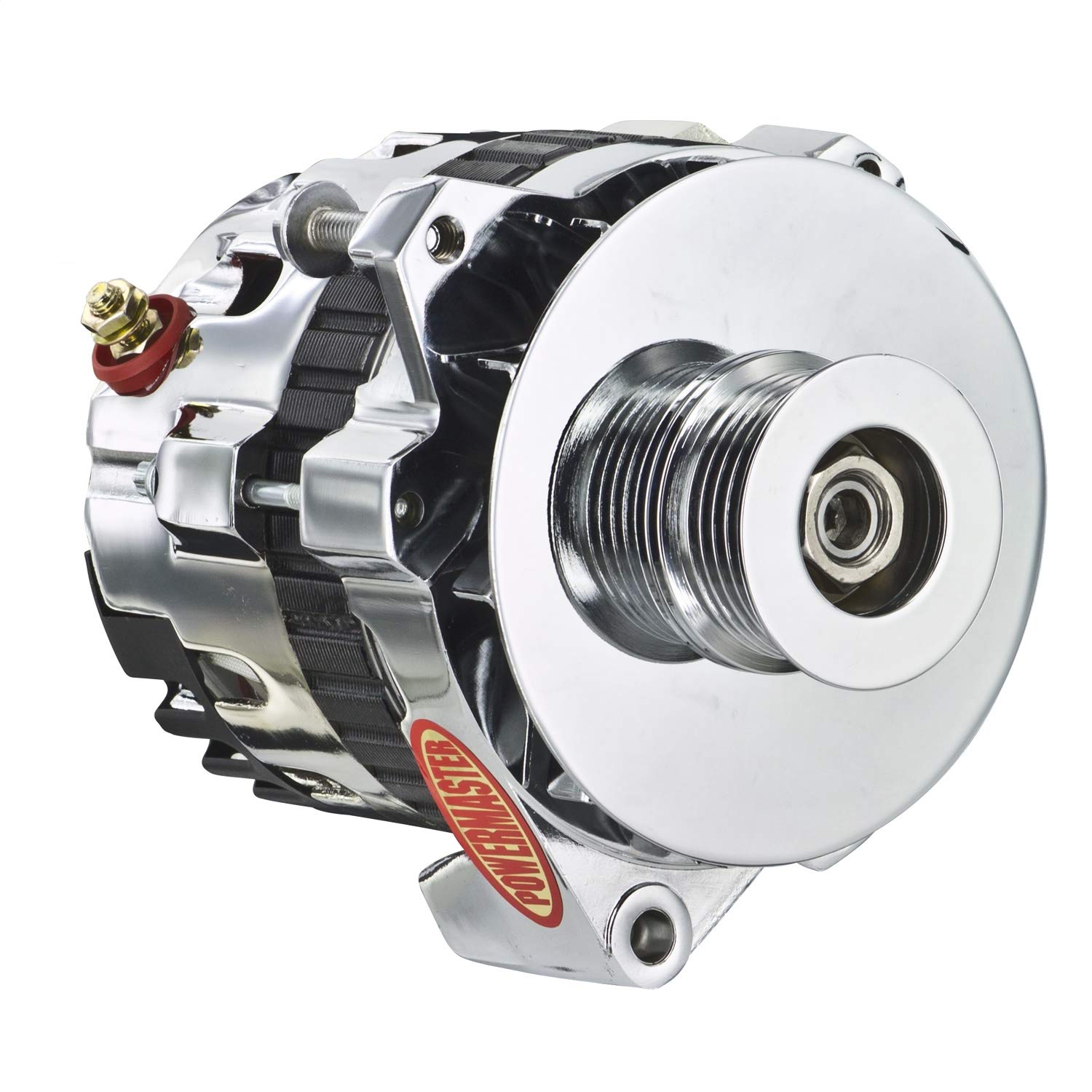 Alt GM CS130 Chrome 105A 6 grv Pulley Baffle & Cone Offset Left MTG Side BAT Post 1-Wire or OE Hookup Powermaster