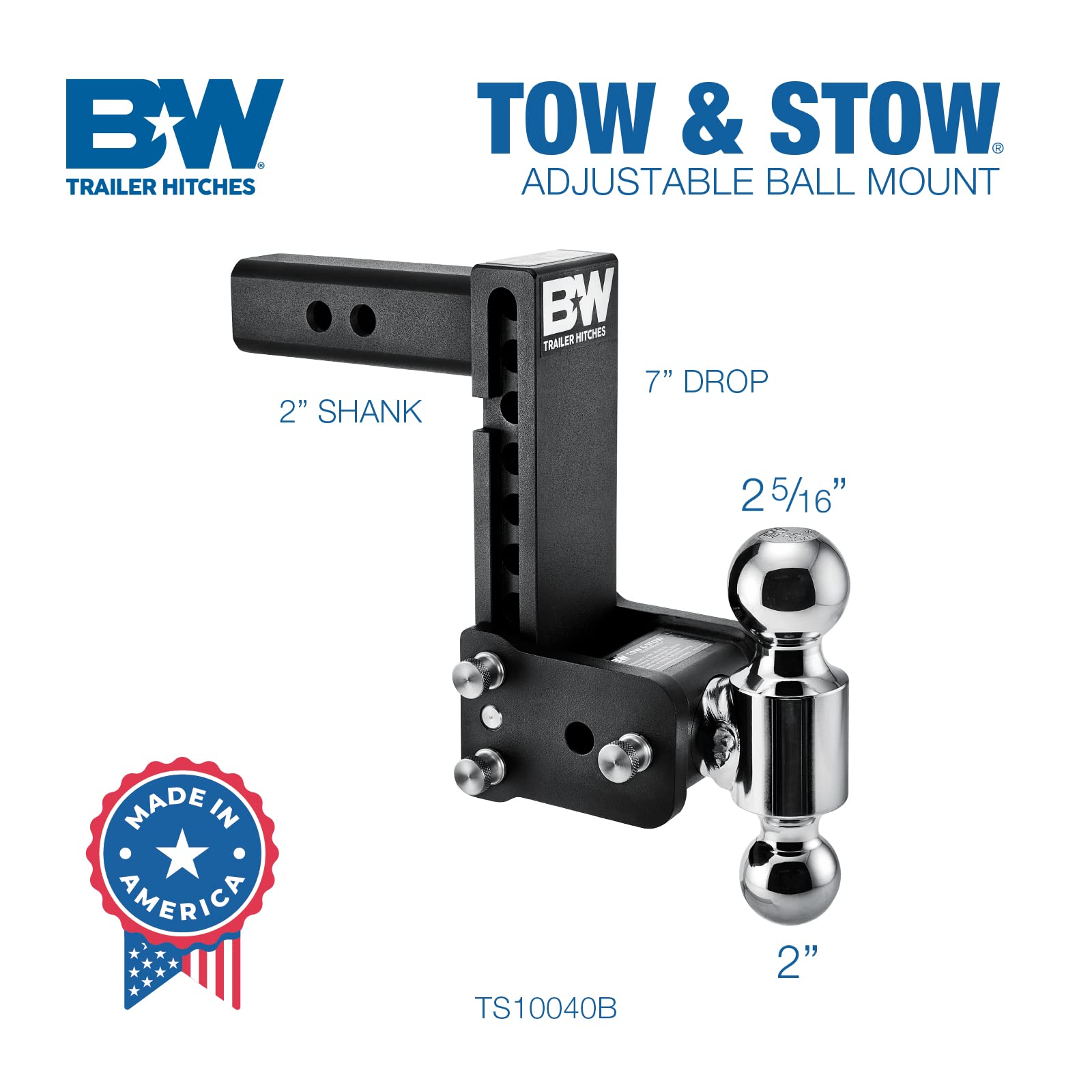 Tow & Stow B&W Trailer Hitches Adjustable Trailer Hitch Ball Mount - Fits 2" Receiver, Dual Ball (2" x 2-5/16"), 7" Drop, 10,000 GTW - TS10040B