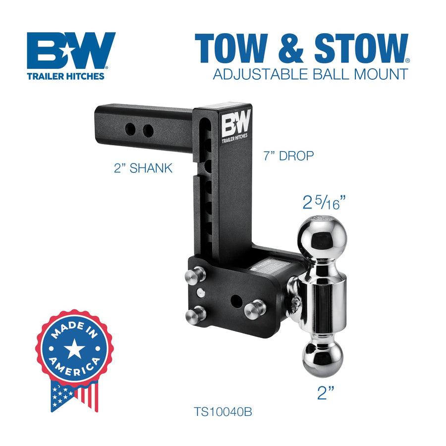 Tow & Stow B&W Trailer Hitches Adjustable Trailer Hitch Ball Mount - Fits 2" Receiver, Dual Ball (2" x 2-5/16"), 7" Drop, 10,000 GTW - TS10040B