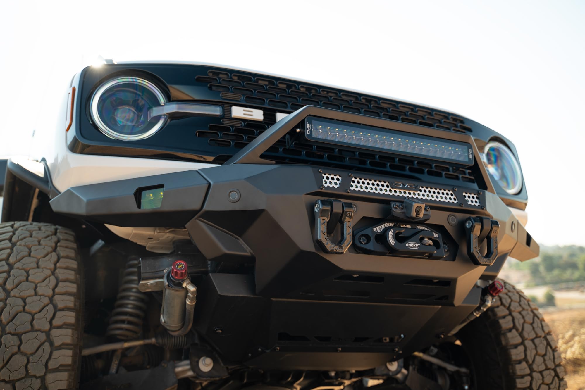 MTO V2 DV8 Front Bumper for 2021-2025 Ford Bronco | Hidden Heavy-Duty Winch Mount | Included Steel Bull Bar | Light Bar & Pod Light Mounts | Two D-Ring Mounts | Micro-Texture Black Powder Coat | Steel
