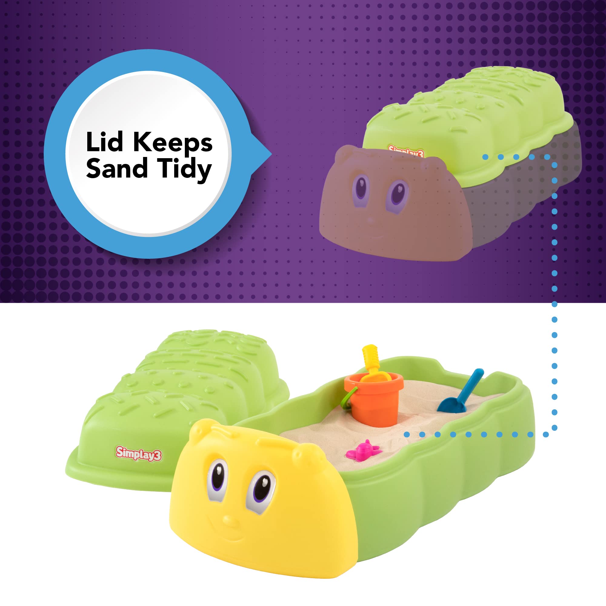 Caterpillar Sandbox - Green Kids Plastic Sandbox with Lid for Outdoor Play and Indoor Sensory Play