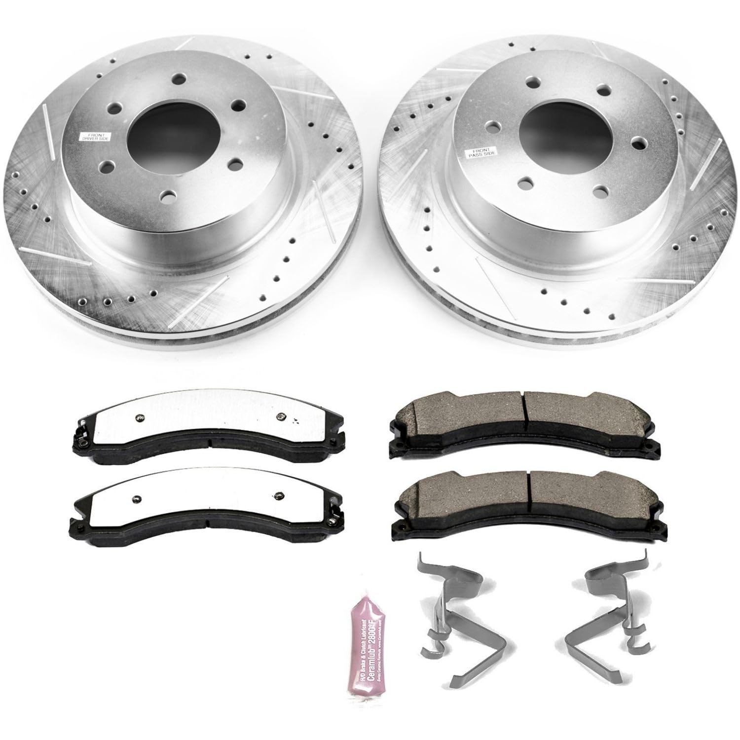 Front Brake Kit Power Stop For 2016 2017 2018 2019 2020 2021 2022 2023 2024 Nissan TITAN XD - Truck & Tow Carbon Fiber Ceramic Brake Pads & Drilled and Slotted Rotors Replacement, K7875-36