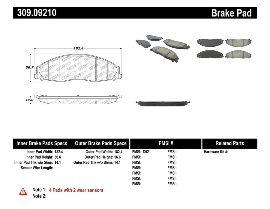 Sport Brake Pads StopTech 309.09210 with Shims and Hardware