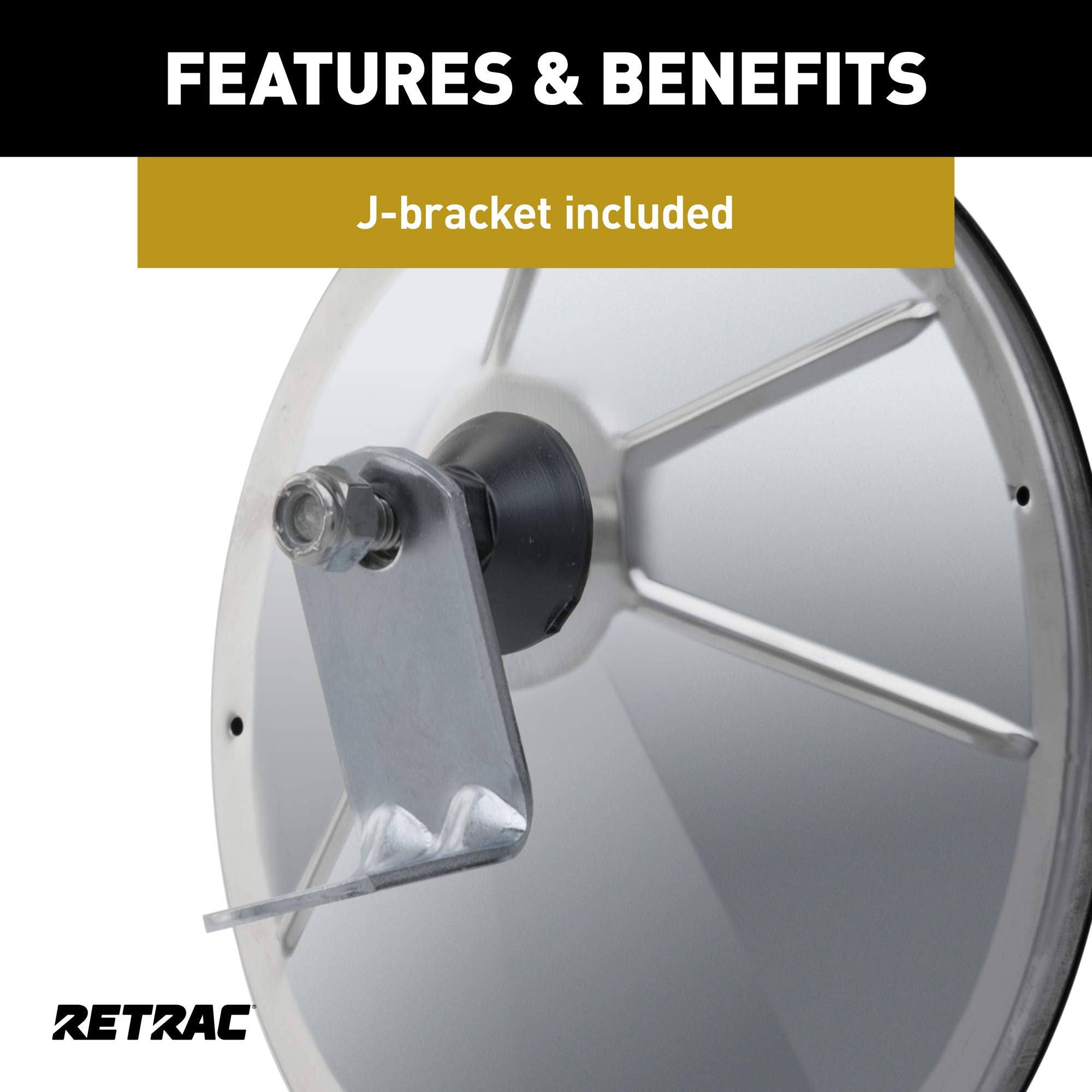 8-Inch Stainless Steel RETRAC Offset-Mount Convex Mirror Head with Plastic Ball Stud, J-Bracket, Universal Driver or Passenger Side