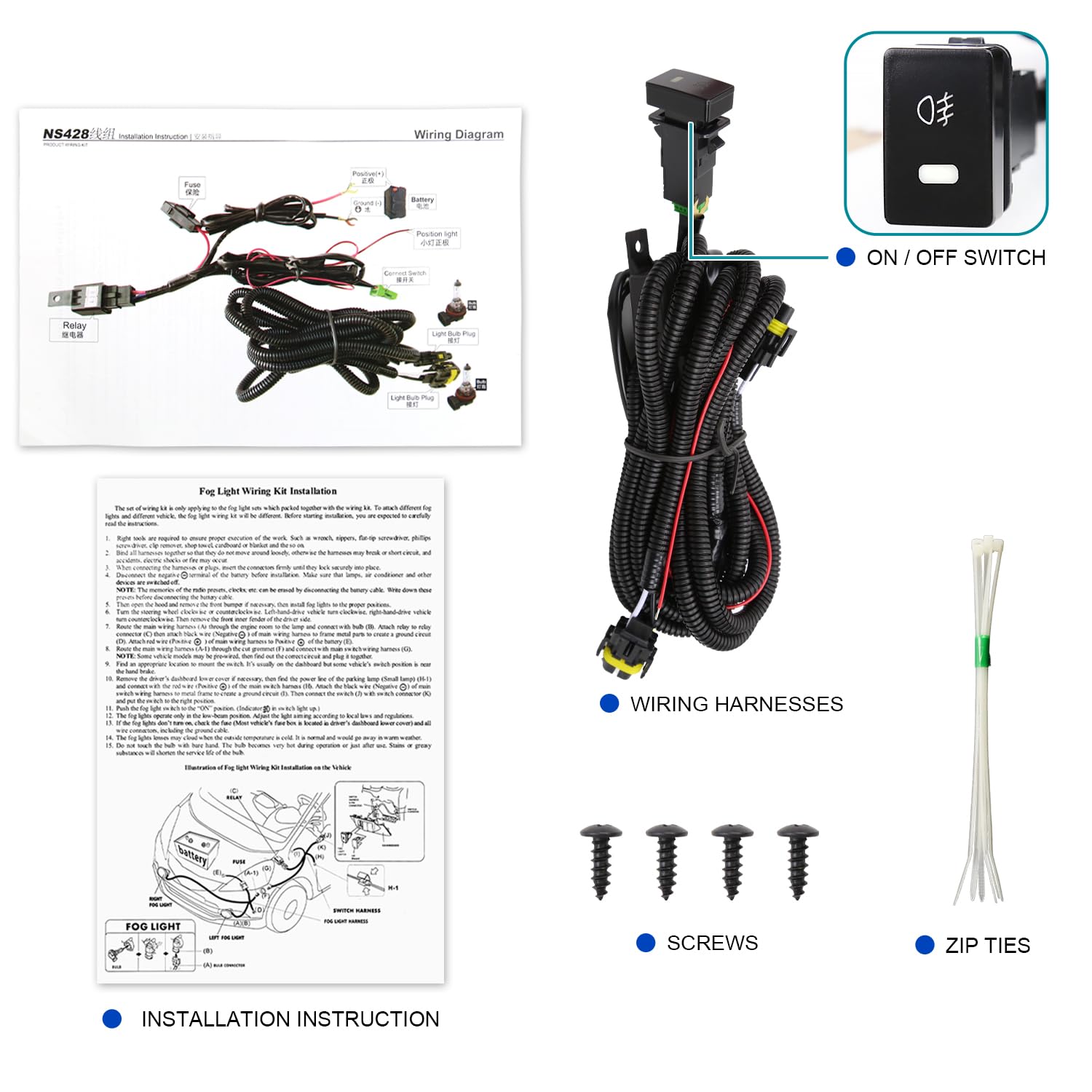 Fog Lights SPEC-D TUNING + Switch + Bezel + Bulbs Compatible with 2022-2023 Honda Civic, Left + Right Pair Assembly