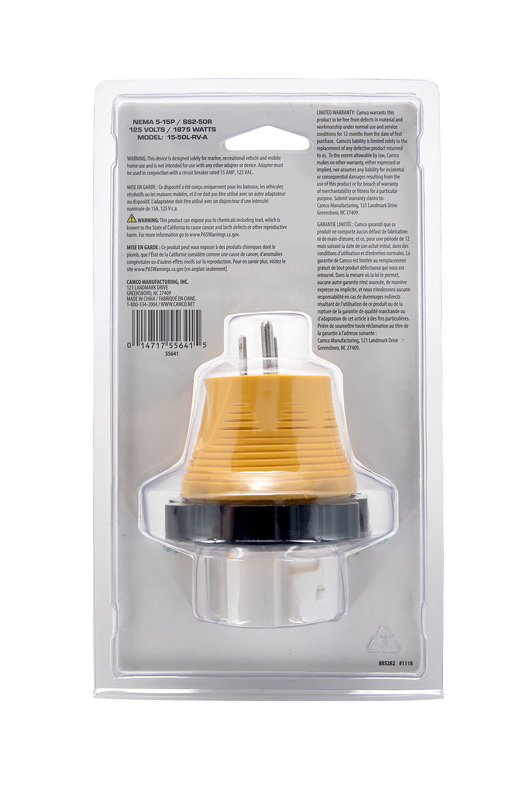 Camco 15A-50A Power Grip RV/Camper Locking Adapter | Compatible with 50-Amp Locking Plugs | Weatherproof Connection | Easy Outlet Removal | 125 Volt / 1875 Watt (55641)