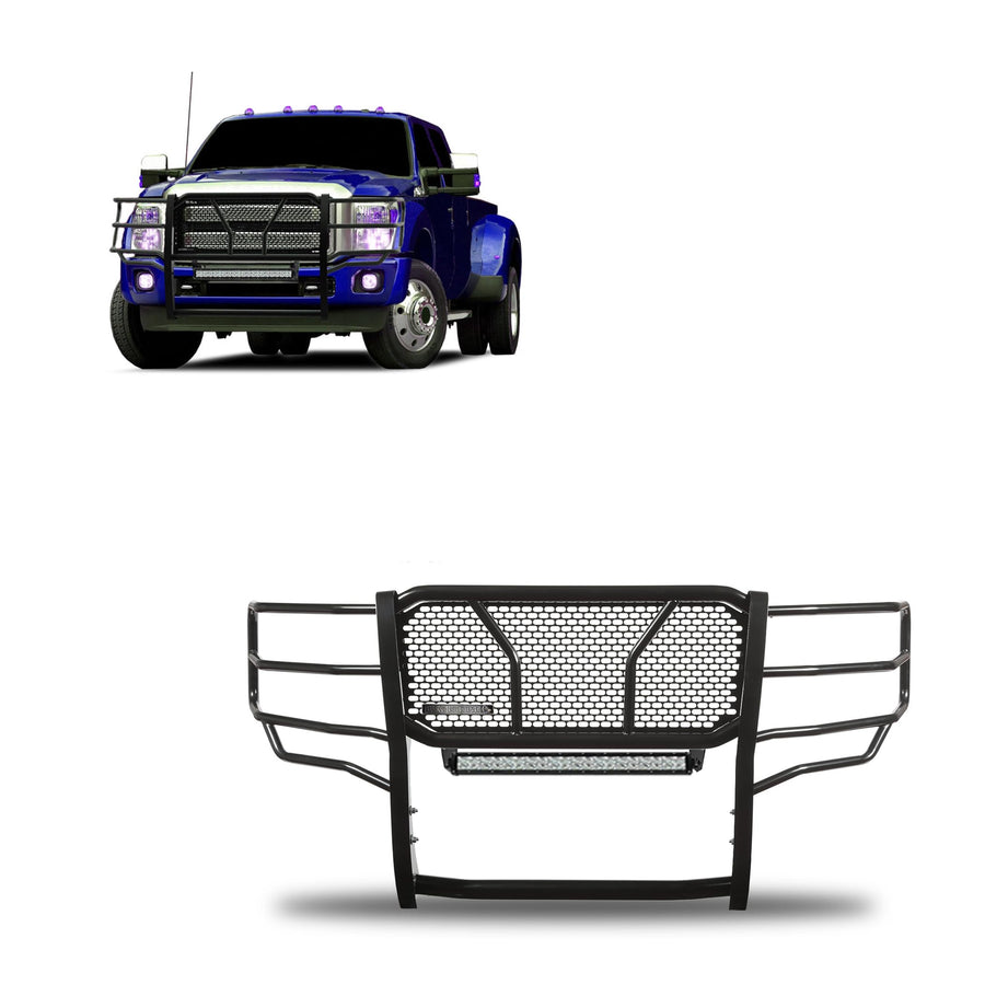Heavy Duty Black Horse RUGGED Grille Brush Bumper Guard Modular Black Come with 20"Double Row LED Light Compatible with 2011-2016 Ford F-250/Ford F-350/Ford F-450/Ford F-550 Super Duty-RU-FOF211-B-KIT