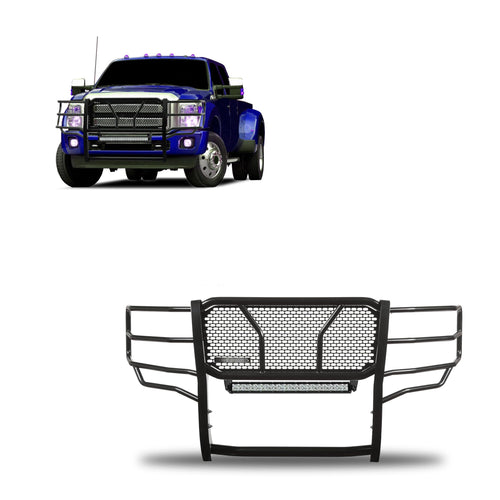 Heavy Duty Black Horse RUGGED Grille Brush Bumper Guard Modular Black Come with 20"Double Row LED Light Compatible with 2011-2016 Ford F-250/Ford F-350/Ford F-450/Ford F-550 Super Duty-RU-FOF211-B-KIT