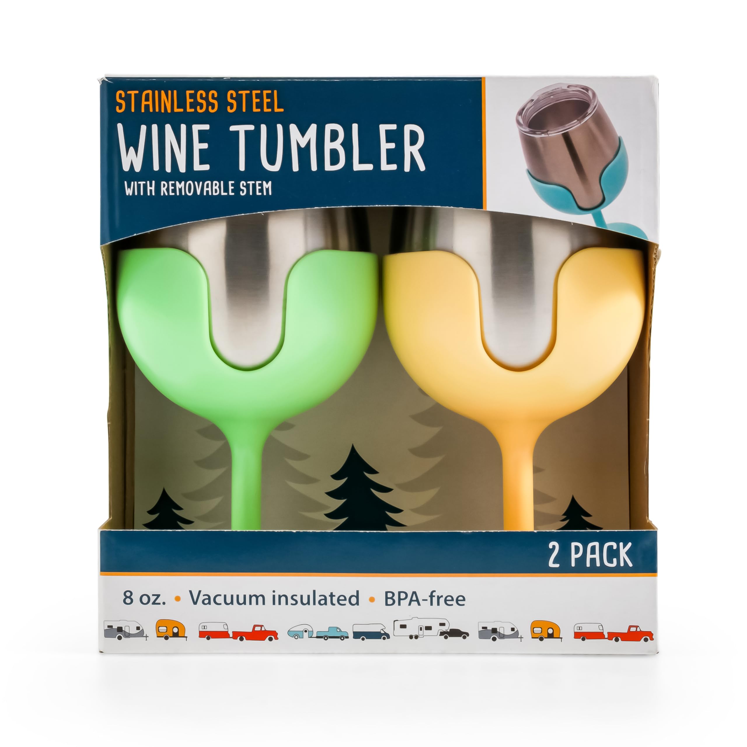 Camco Wine Tumbler Life is Better at The Campsite | Heavy Duty Double Wall Vacuum Insulation | Crafted of 18/8 Stainless Steel | Features Removable Green & Yellow Stems | 2-Pk, 8-oz/Each (51916)