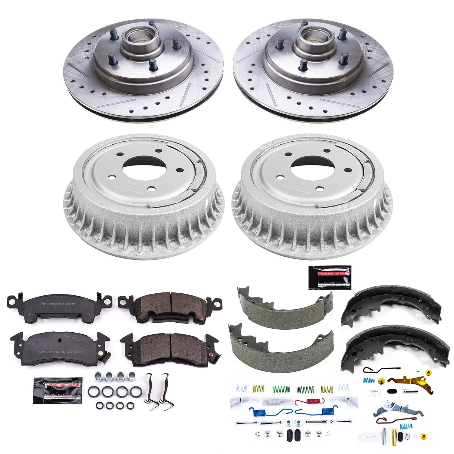Power Stop K15047DK Z23 Carbon Fiber Brake Pads Front and Rear with Drilled & Slotted Brake Drums Kit For Chevrolet Astro 1990-1993 [Model Specific]