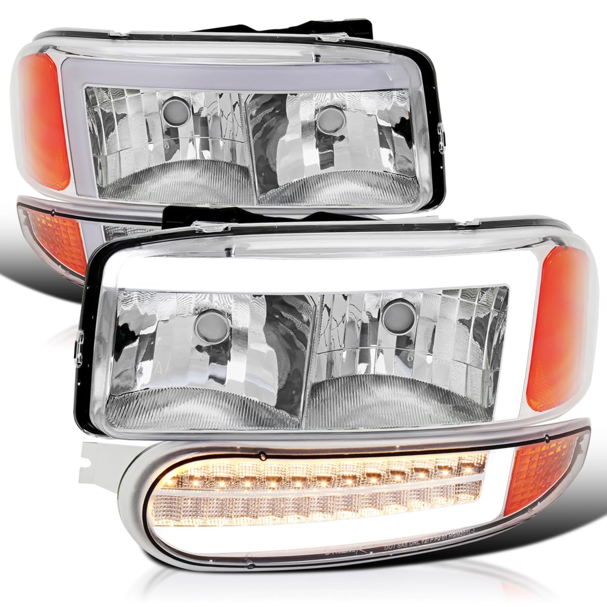 Chrome LED Tube Headlights + Sequential Bumper Lights SPEC-D TUNING Compatible with 2000-2006 GMC Sierra Denali, Yukon XL Denali