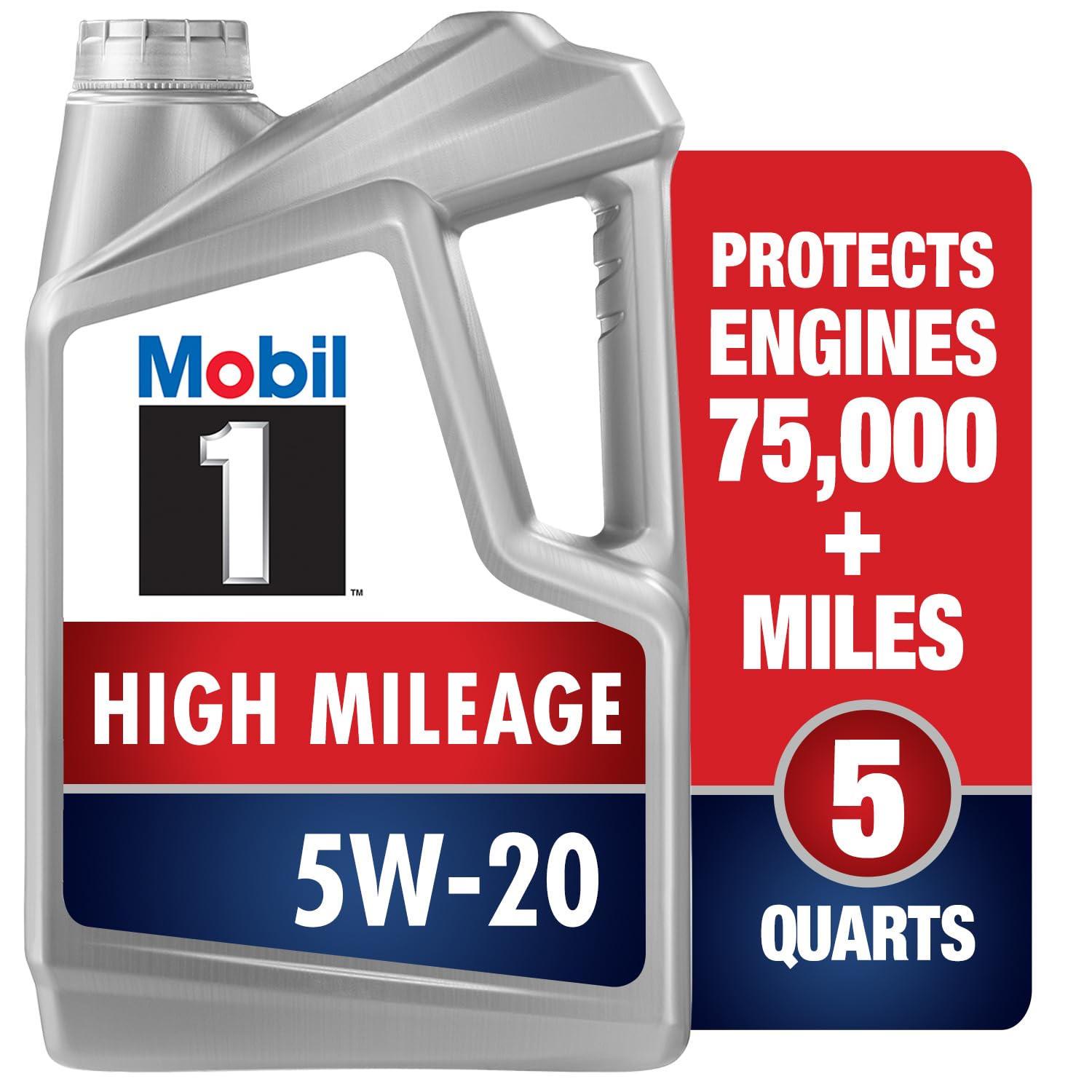 Mobil 1 Full Synthetic High Mileage Motor Oil 5W-20, 5 Quart