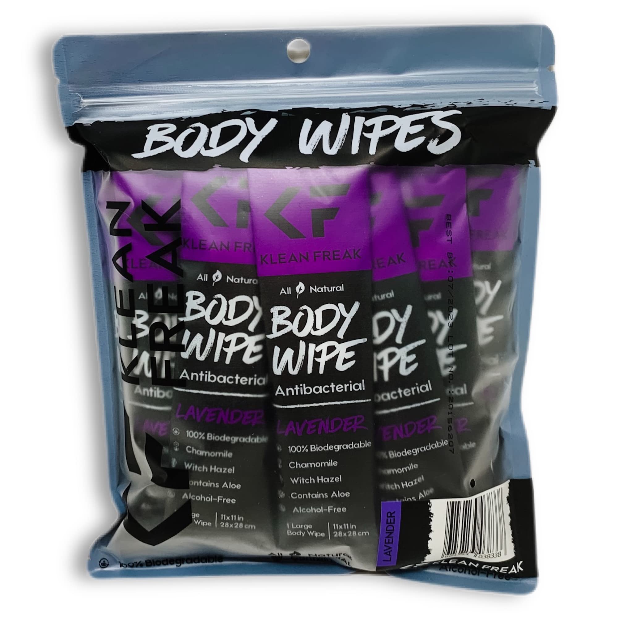The Klean Freak Body Wipes - 12 count Wrapped Individually | Showerless Body Wipe for Women & Men | Sustainable Bodywipes for Gym, Travel, Camping | Lavender