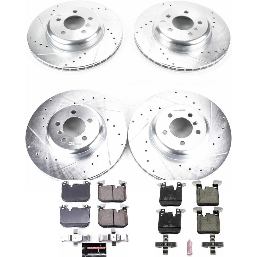 Power Stop K7436 Z23 Carbon Fiber Brake Pads Front and Rear with Drilled & Slotted Brake Rotors Kit