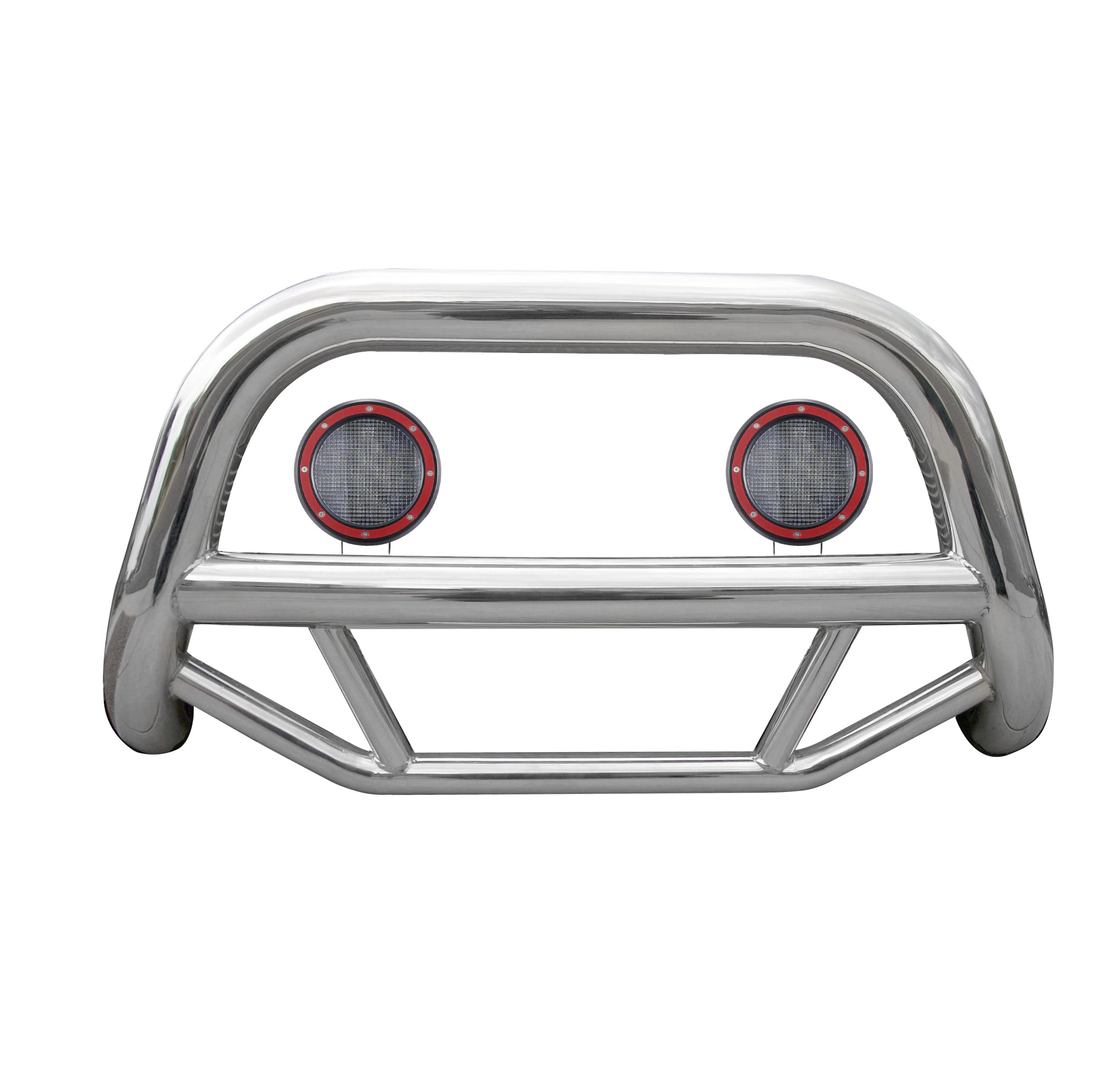 Max Bull Bar Black Horse Incl. Pair of 5.3" Dia.LED Lights w/Red Trim Rings No Skid Plate Stainless Steel Compatible with 05-21 Nissan Frontier|05-07 Nissan Pathfinder|05-15 Nissan Xterra