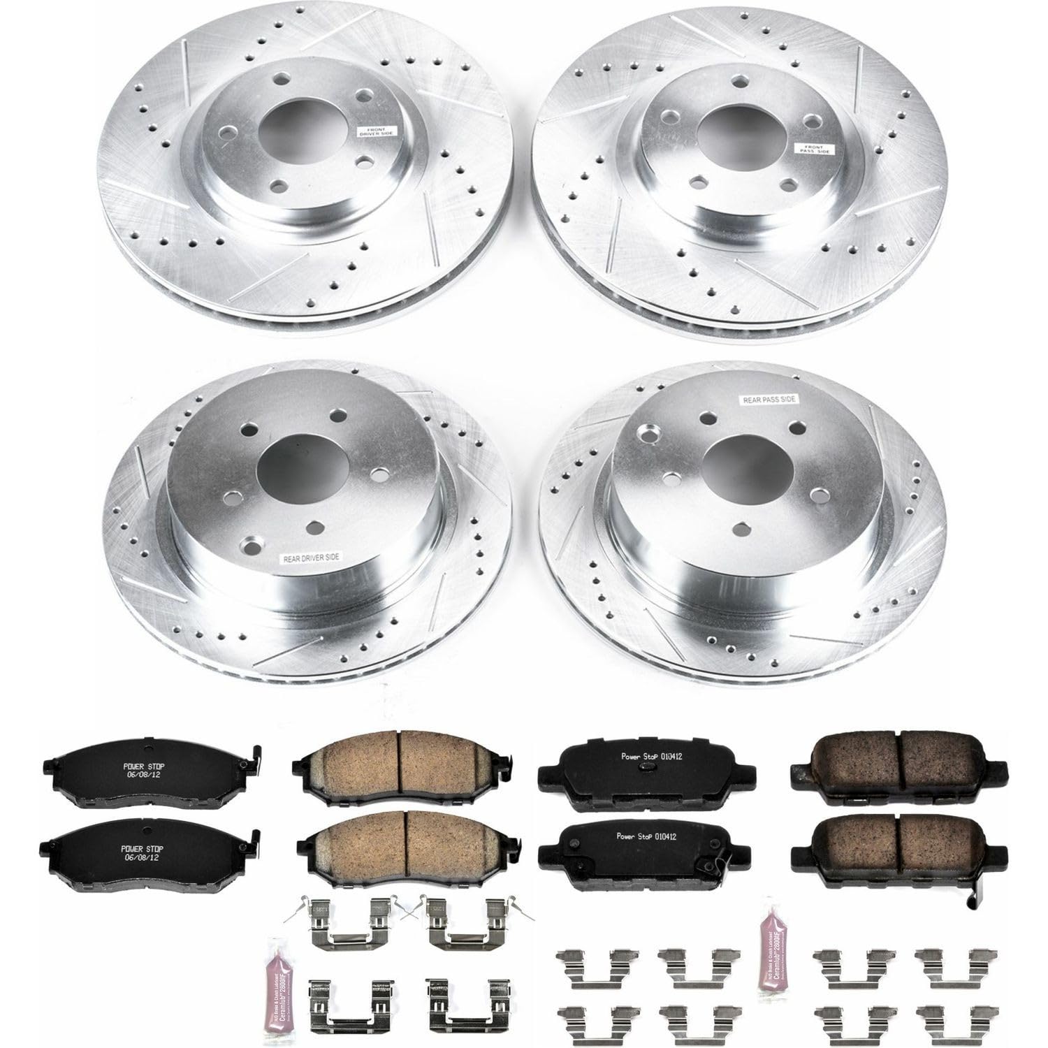 Power Stop K4476 Z23 Carbon Fiber Brake Pads Front and Rear with Drilled & Slotted Brake Rotors Kit For Nissan Murano 2011-2014 [Model Specific]