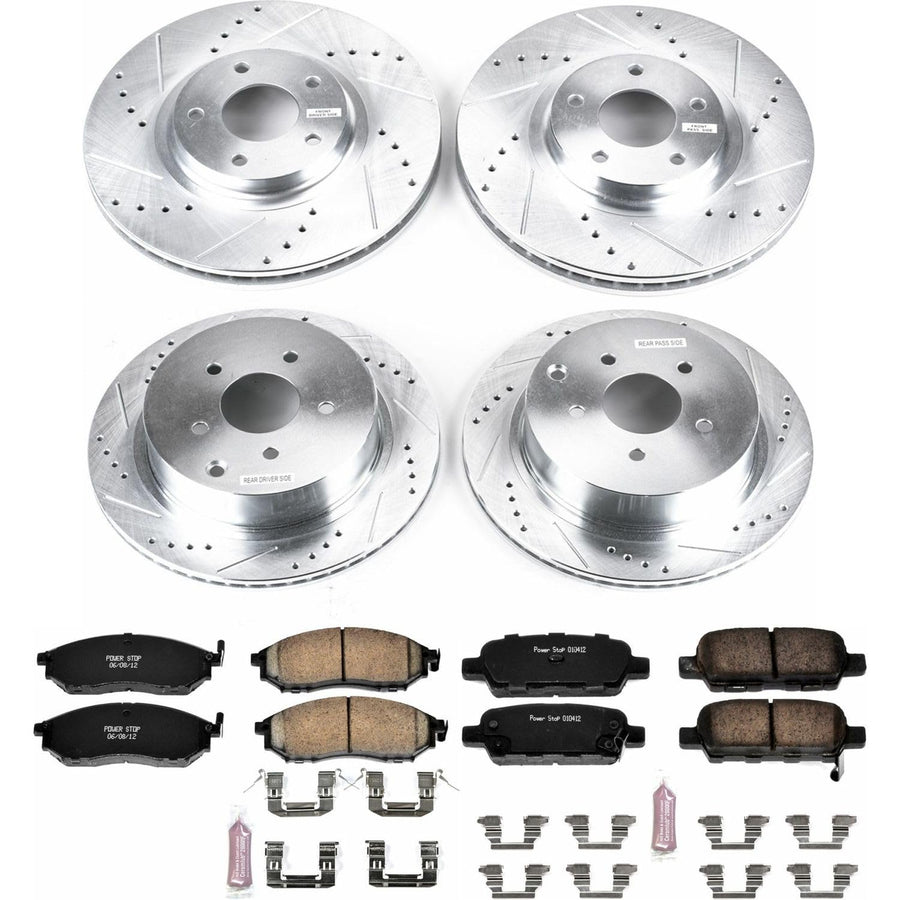 Power Stop K4476 Z23 Carbon Fiber Brake Pads Front and Rear with Drilled & Slotted Brake Rotors Kit For Nissan Murano 2011-2014 [Model Specific]