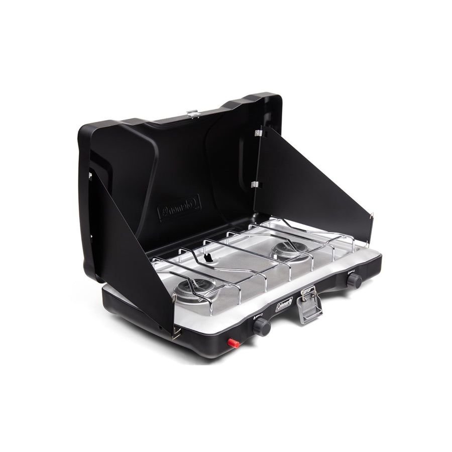 Triton+ Coleman 2-Burner Propane Camping Stove with InstaStart Ignition, Portable Camping Cooktop with 2 Adjustable Burners & Wind Guards, 22,000 BTUs of Power for Camping, Tailgating, Grilling