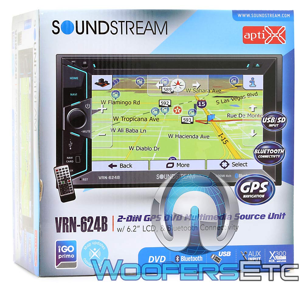 6.2 Inch Soundstream VRN-624B Double Din Car Stereo, Navigation LCD Touchscreen Multimedia Receiver, GPS Bluetooth Audio Video in-Dash