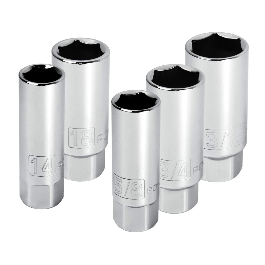 3/8-Inch Drive Powerbuilt Spark Plug Socket Set, 6 Point, Deep Thin Wall, 5 Piece Metric and SAE - 640855, Grey