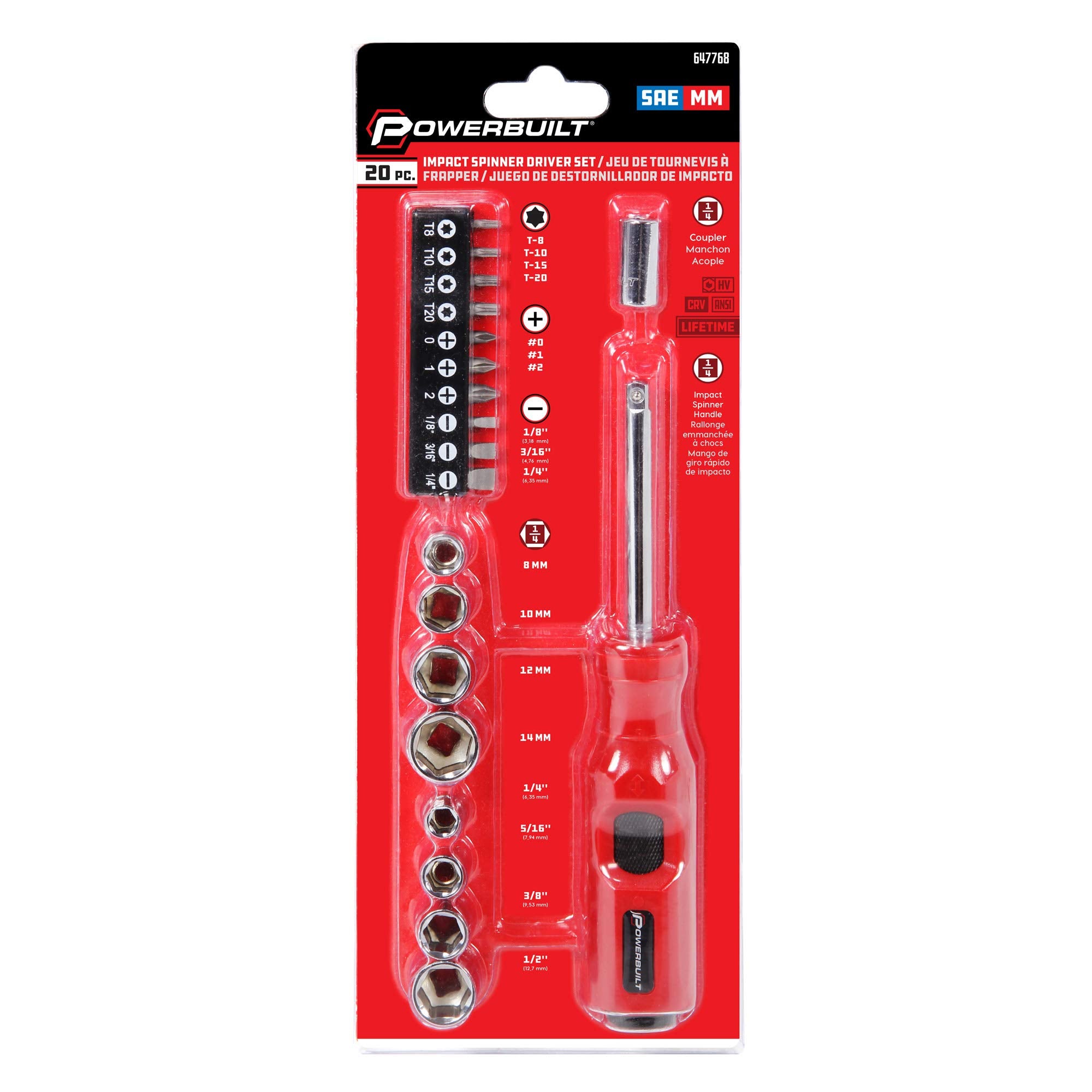 Powerbuilt 20 Pc. 1/4" Dr. Impact Bit Screwdriver and Nut Driver Set, Includes SAE, Metric Sockets, Phillips, Slotted, Star Bits, Adapter- 647768