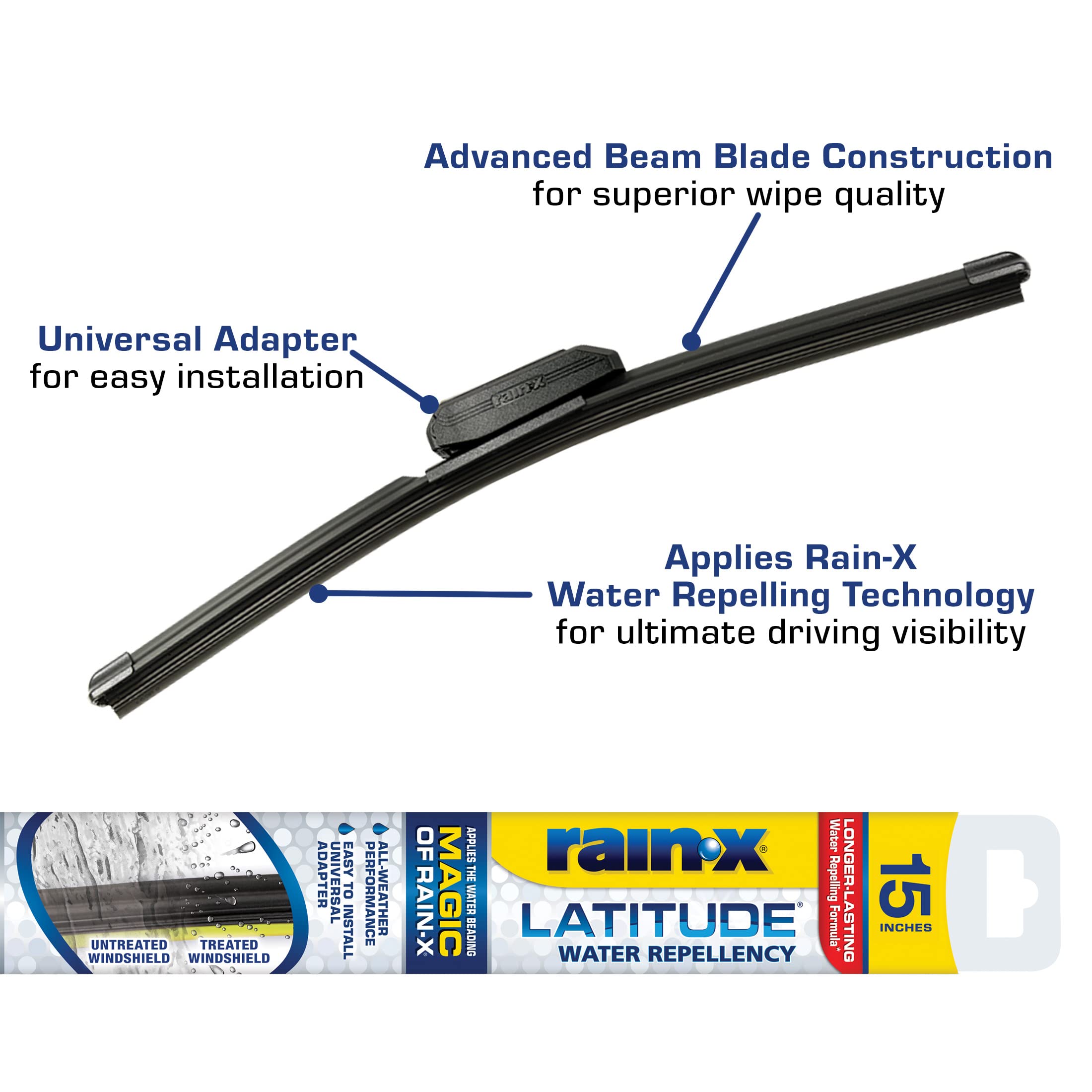 Latitude Rain-X 5079273-2 2-In-1 Water Repellent Wiper Blades, 15 Inch (Pack Of 1), Automotive Replacement Windshield Wipers With Patented Repellency Formula