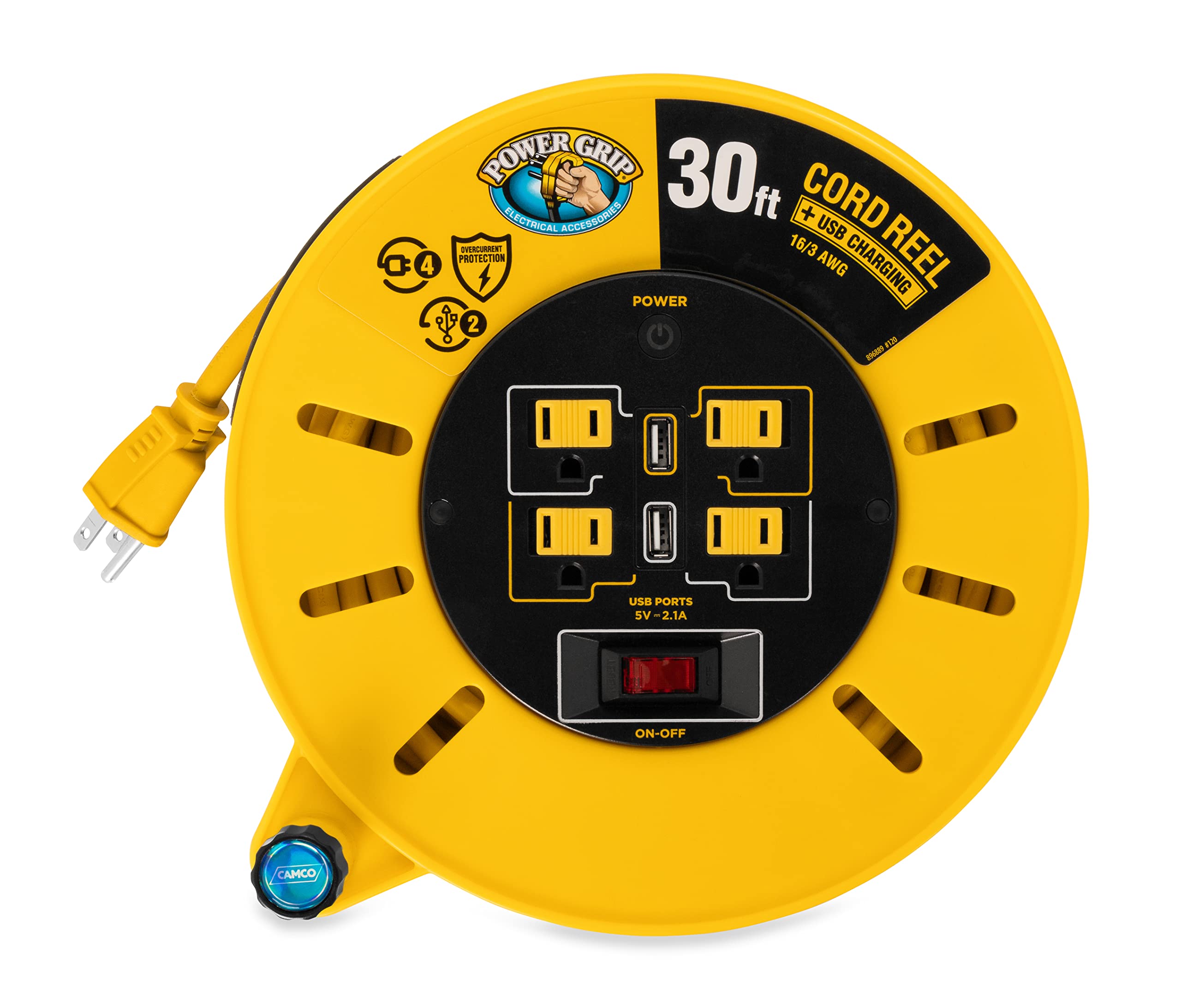 30-Ft Camco 10 Amp RV Extension Cord Reel - Rated for 125V / 1,250W - Features 4 125V Electrical Outlets & 2 USB Ports - Includes On/Off Switch & Built-in Circuit Breaker (55290)