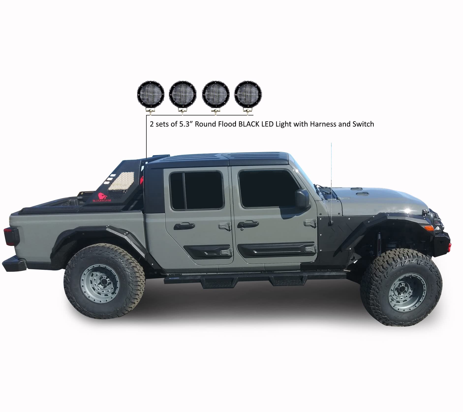 Vigor Black Horse Roll Bar Incl. Set of 5.3" Dia.LED Lights w/Black Trim Rings Modular Compatible with 2020-2024 Jeep Gladiator-VIRB09B-PLFB