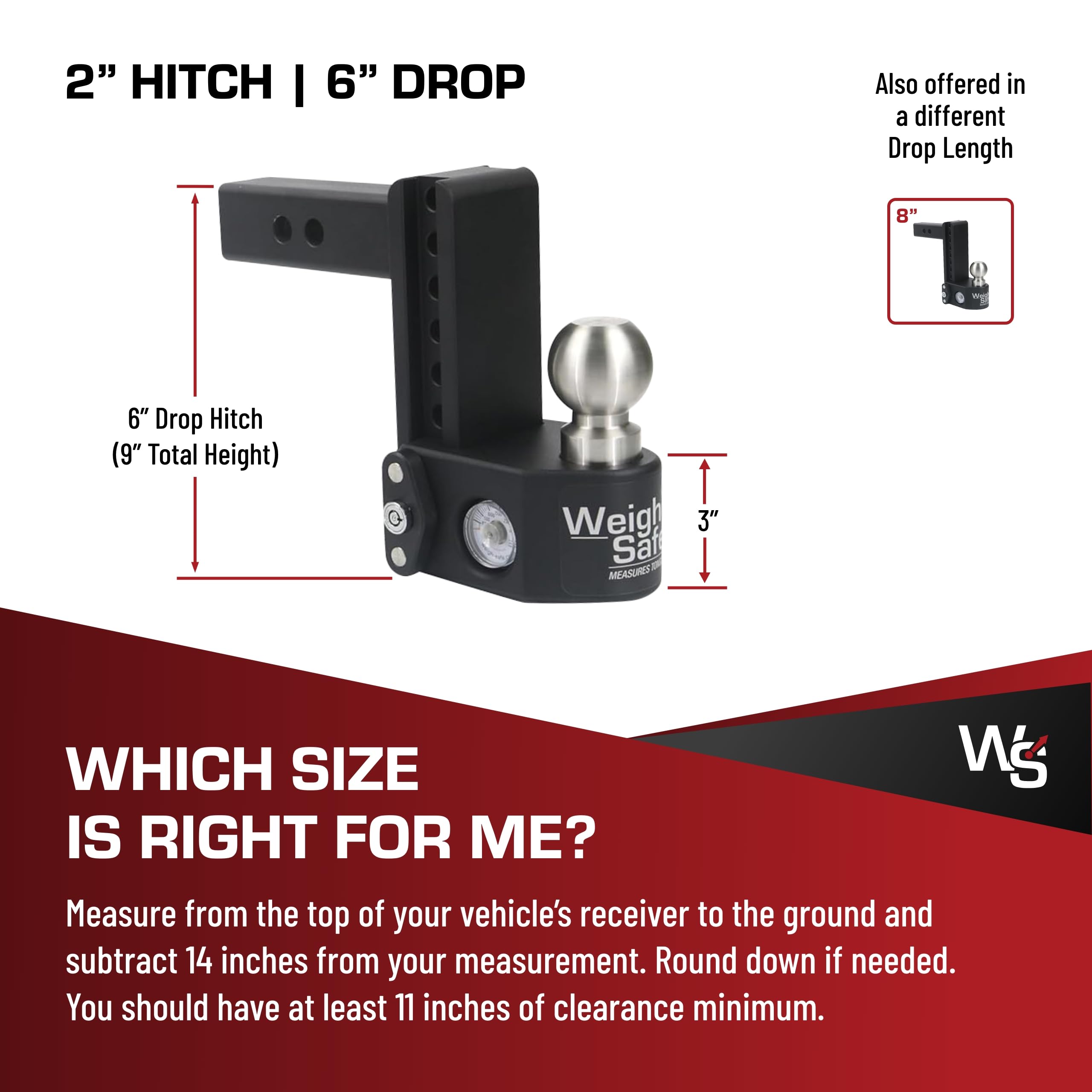 Weigh Safe Drop Hitch Steel - Adjustable Trailer Hitch with Ball Mount - Designed for 2" Receivers - Includes 2 Tow Balls - 6" Drop, 15,000 GTW, 2-Piece Lock Set