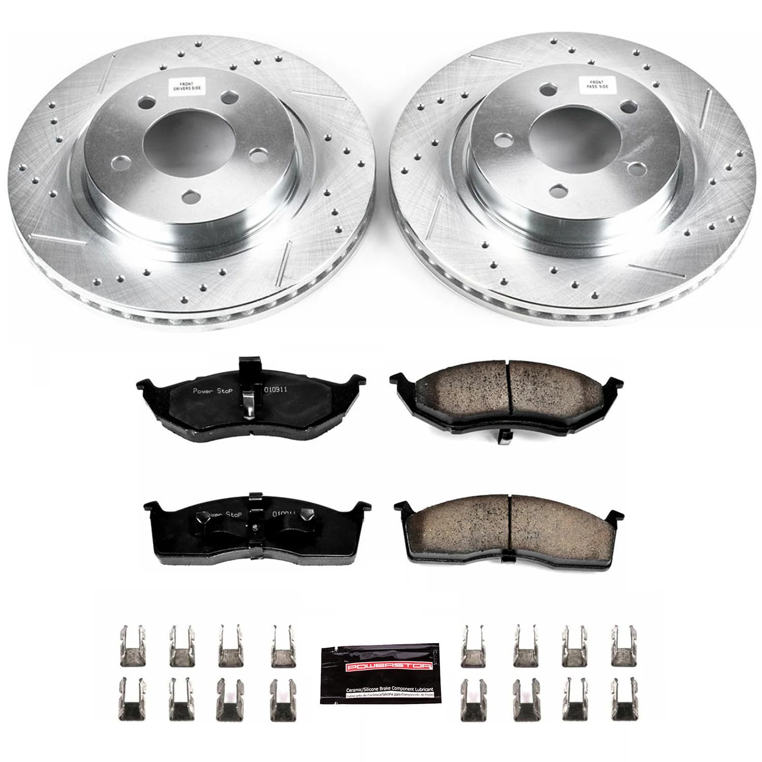 Power Stop K1692 Z23 Carbon Fiber Brake Pads with Drilled & Slotted Brake Rotors Kit For Chrysler 300M 1999-2004, Chrysler LHS 1999-2000 [Model Specific]